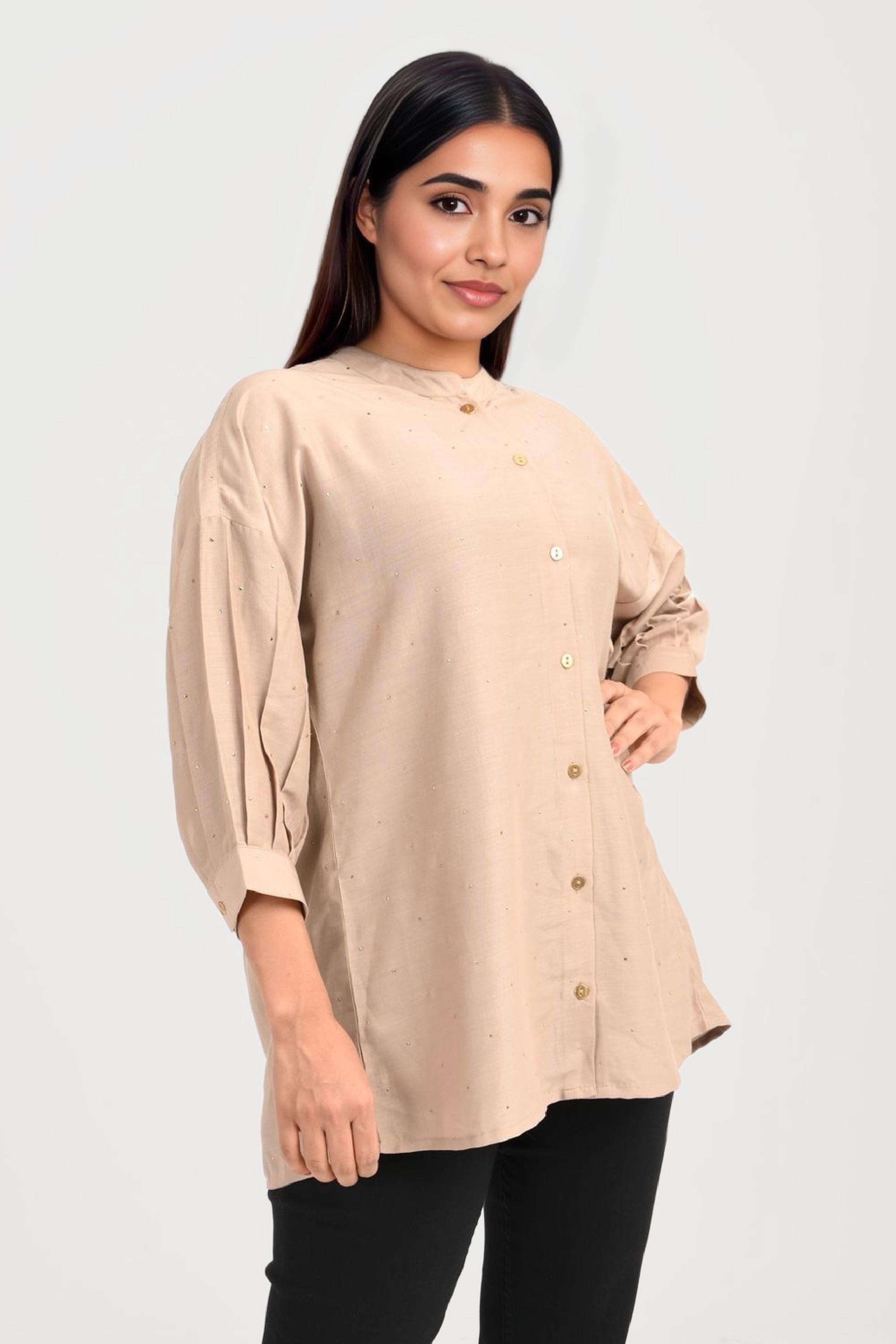 Solid-Polyester-Collared-Women-s-Tunic