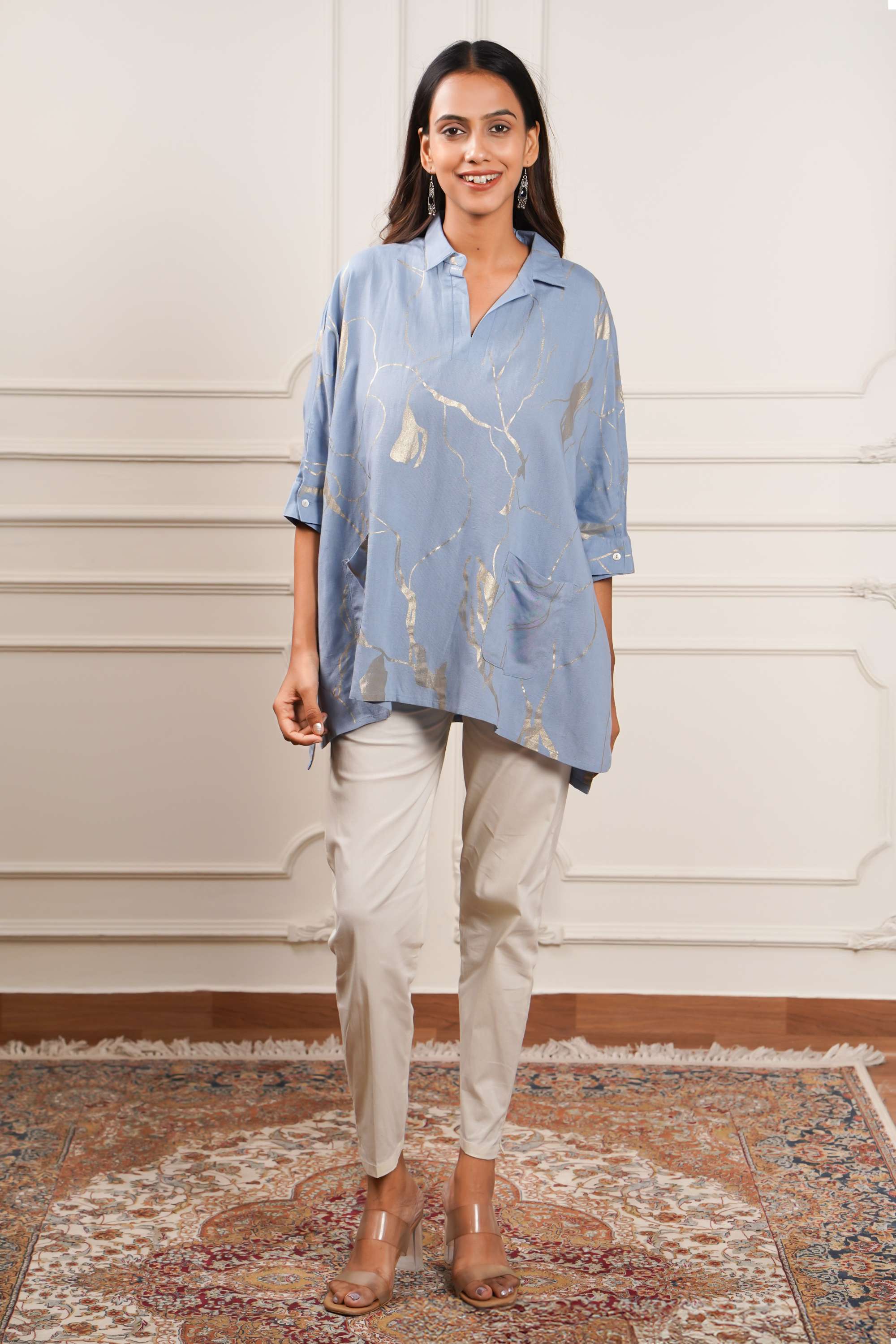 Printed-Blended-Fabric-Collared-Women-Tunic