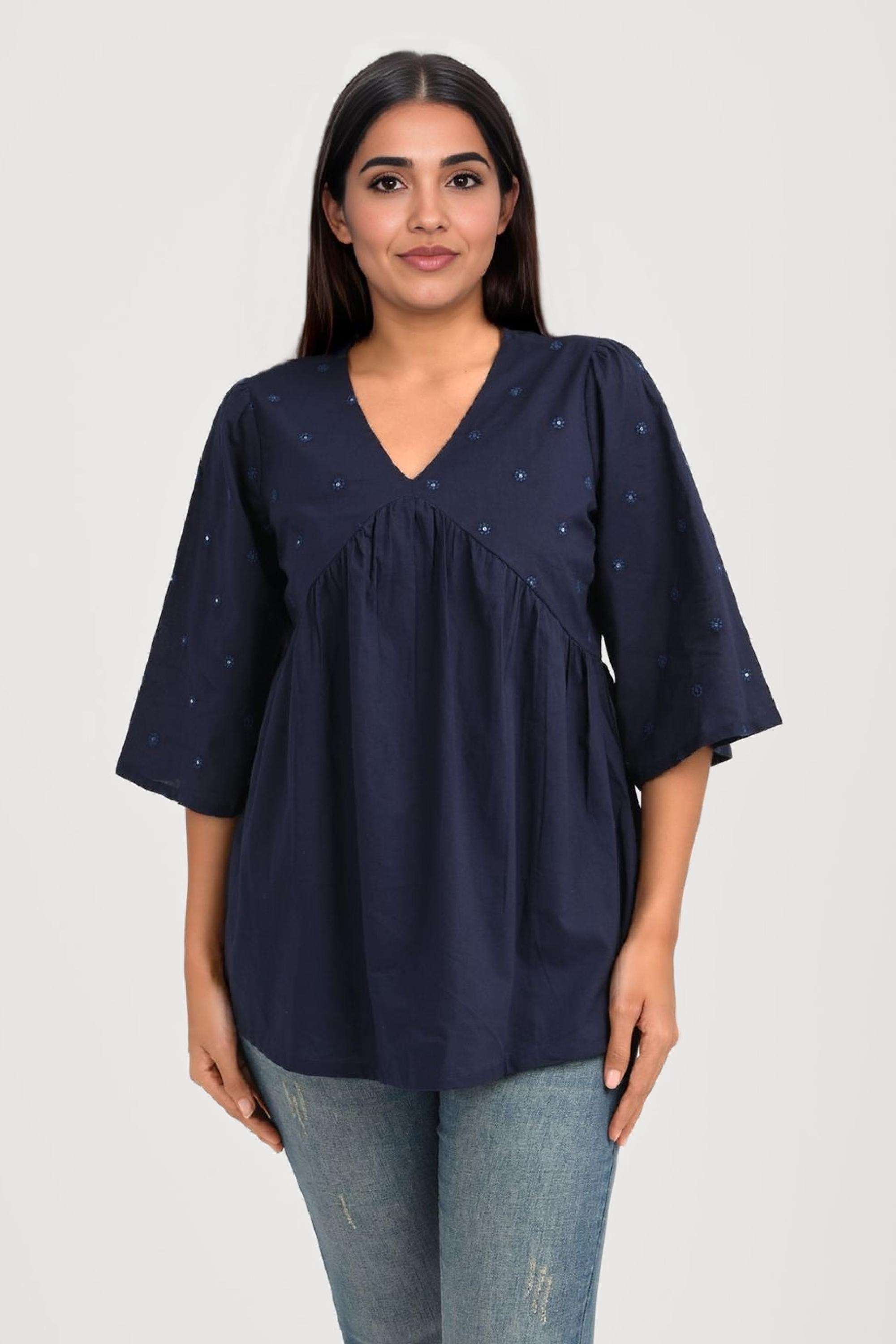 Embroidered-Cotton-V-Neck-Women-Fusion-Wear-Tunic