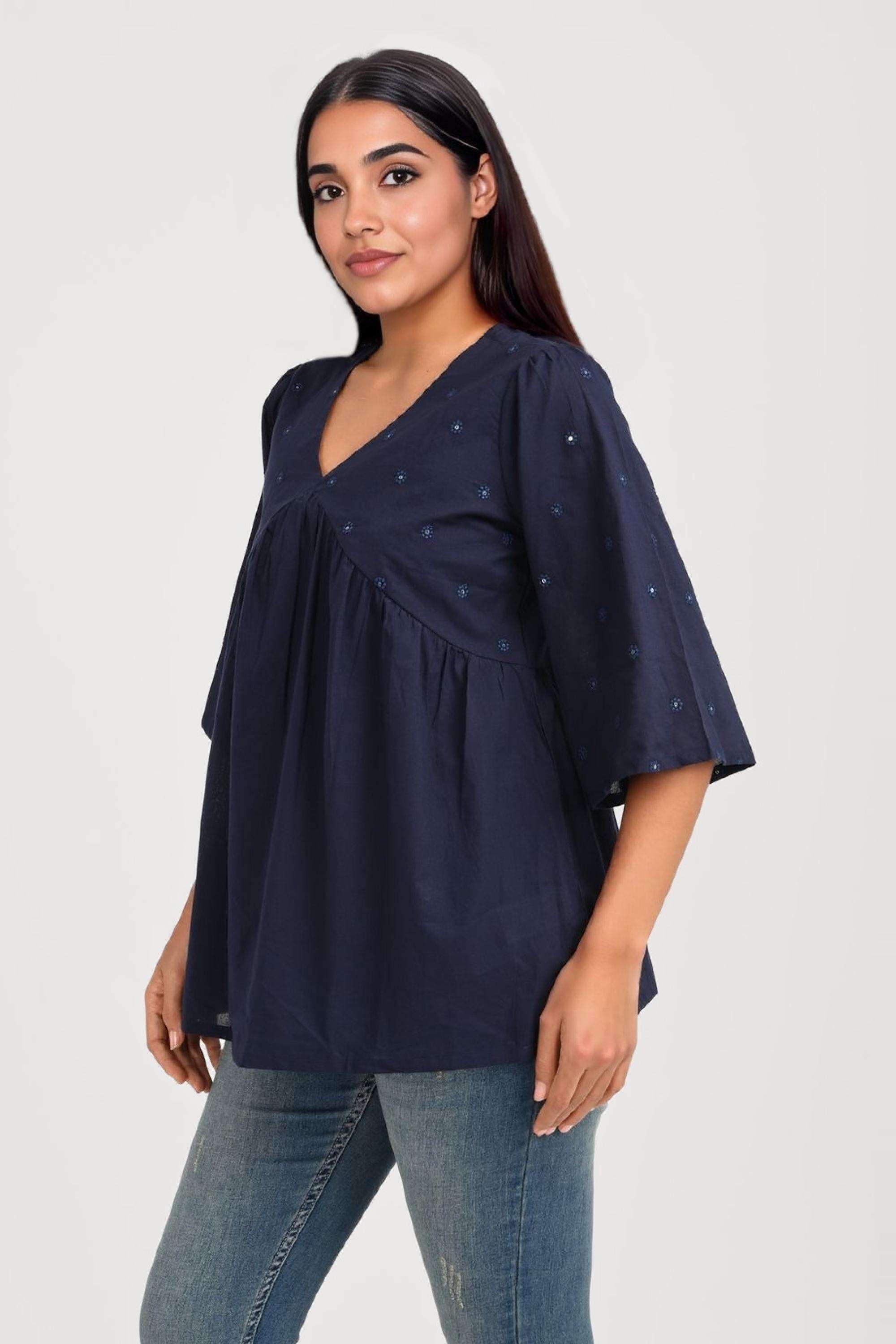 Embroidered-Cotton-V-Neck-Women-Fusion-Wear-Tunic