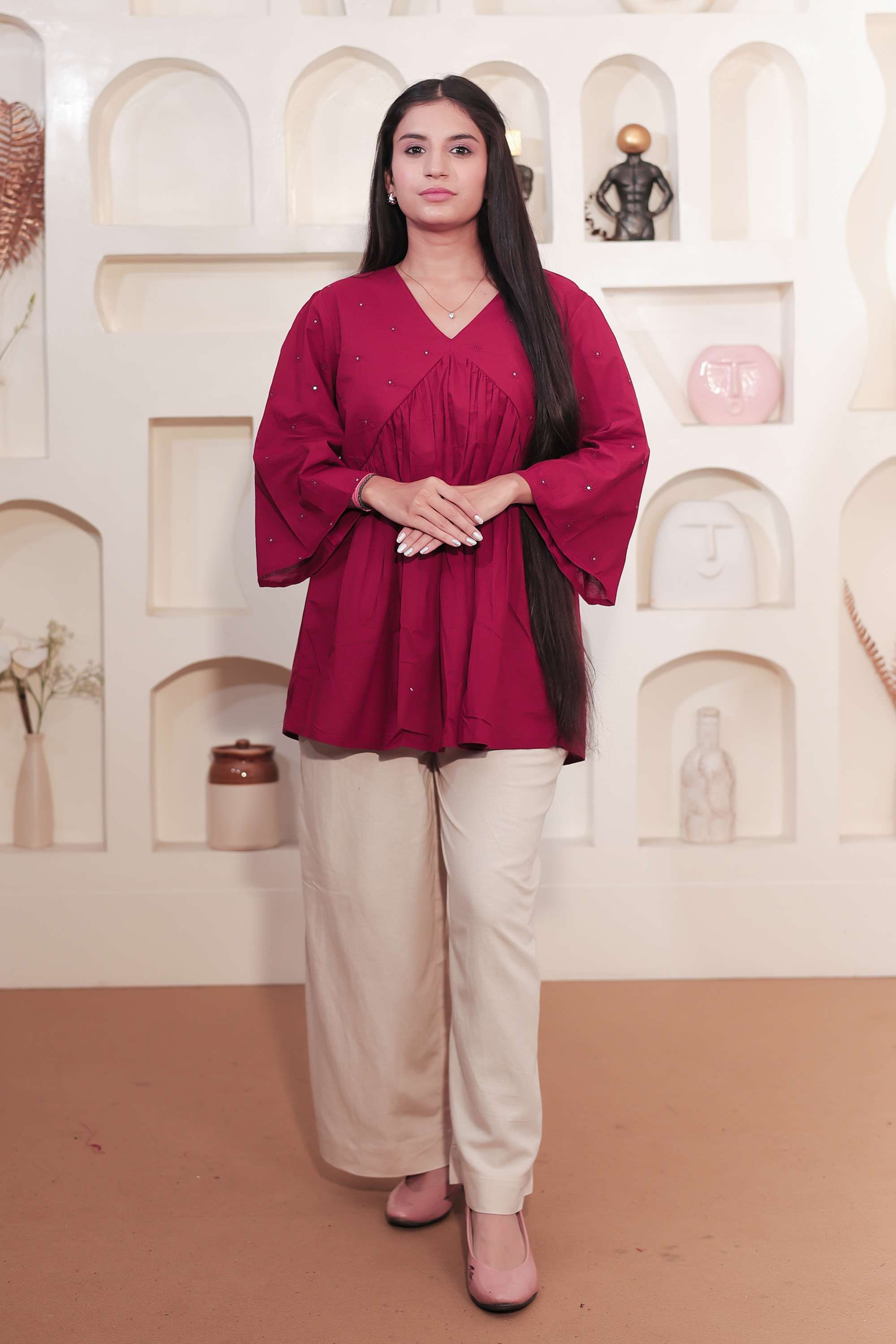 Solid-Cotton-V-Neck-Women-s-Tunic