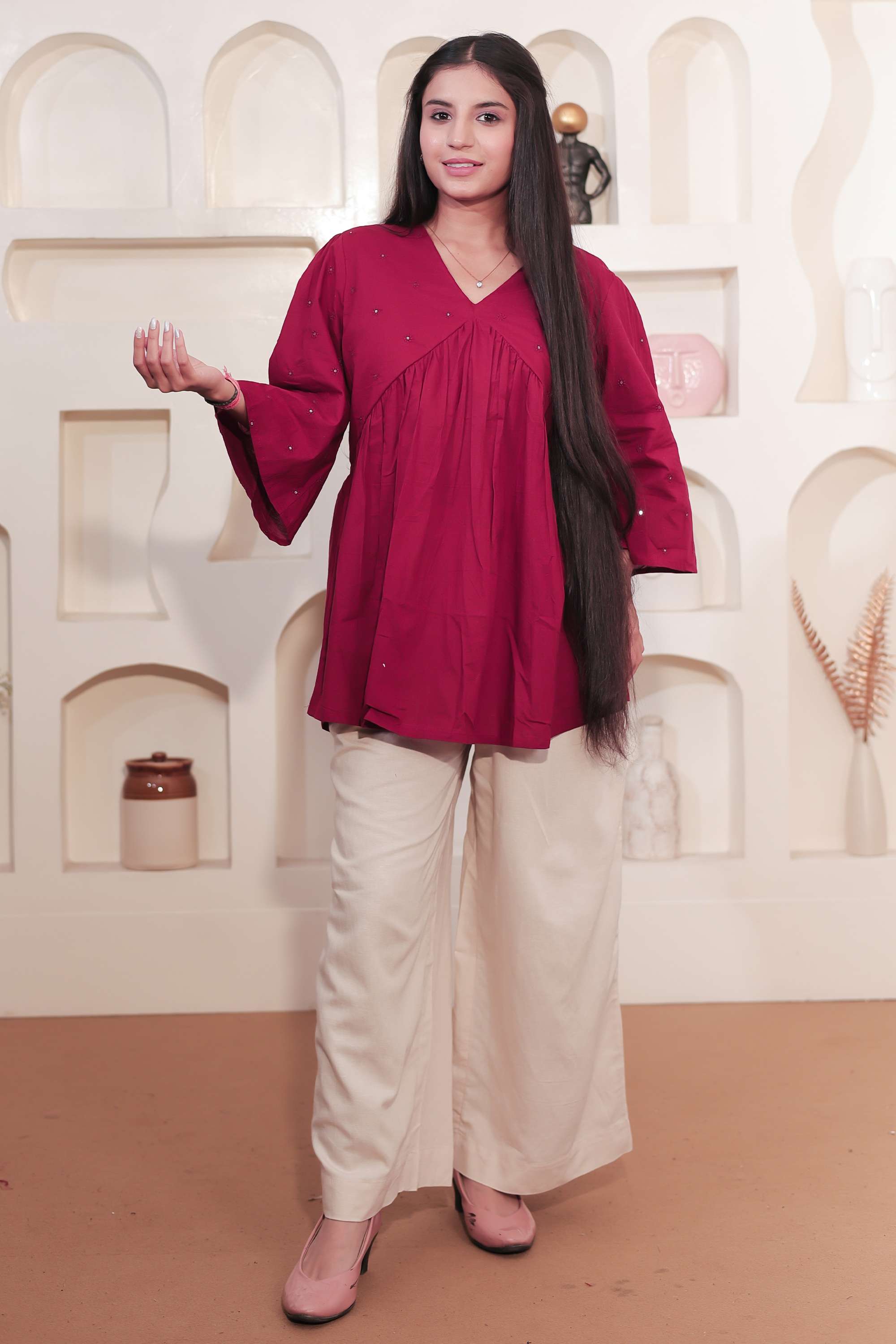 Solid-Cotton-V-Neck-Women-s-Tunic