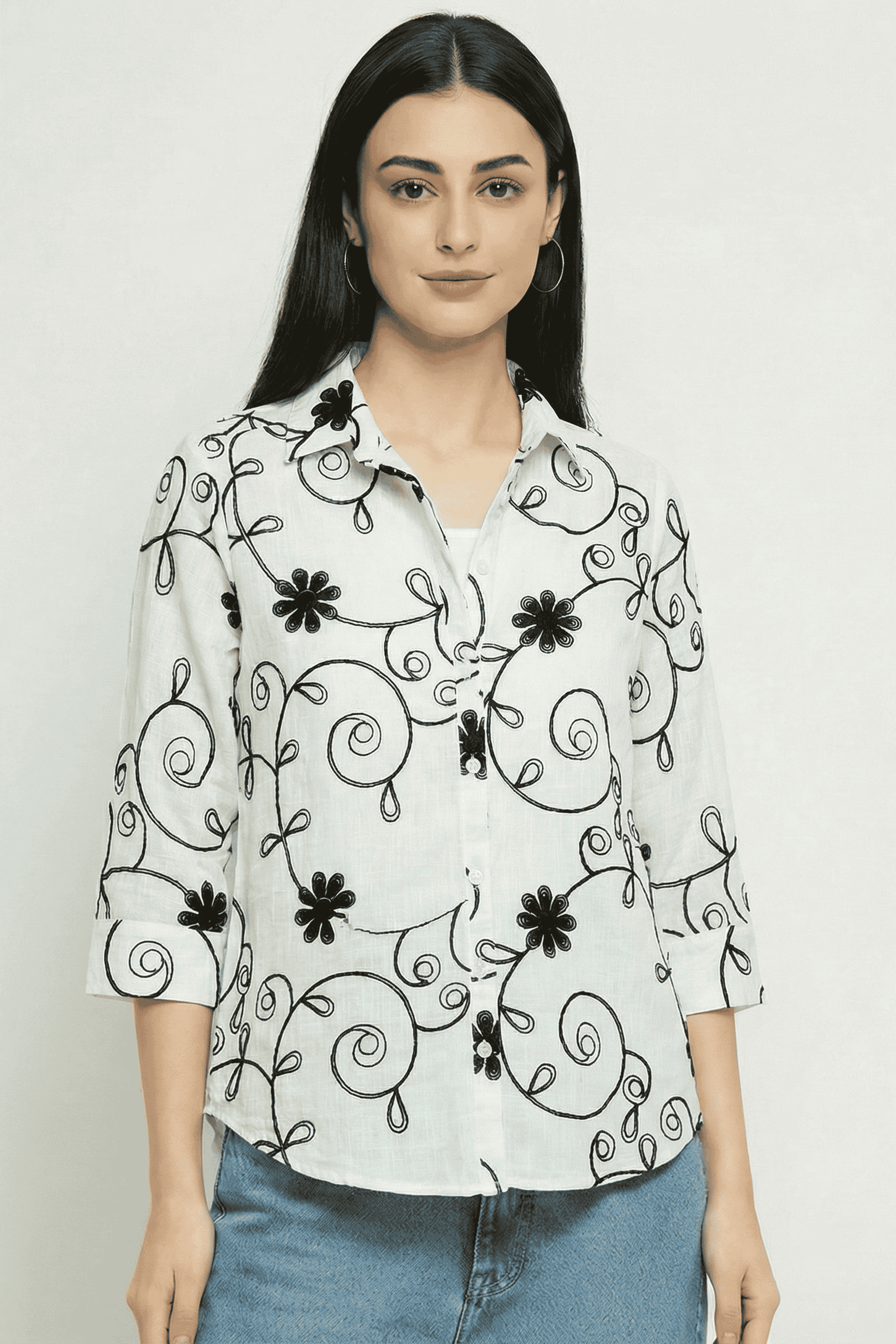 Printed-Blended-Fabric-Collared-Women-s-Tunic