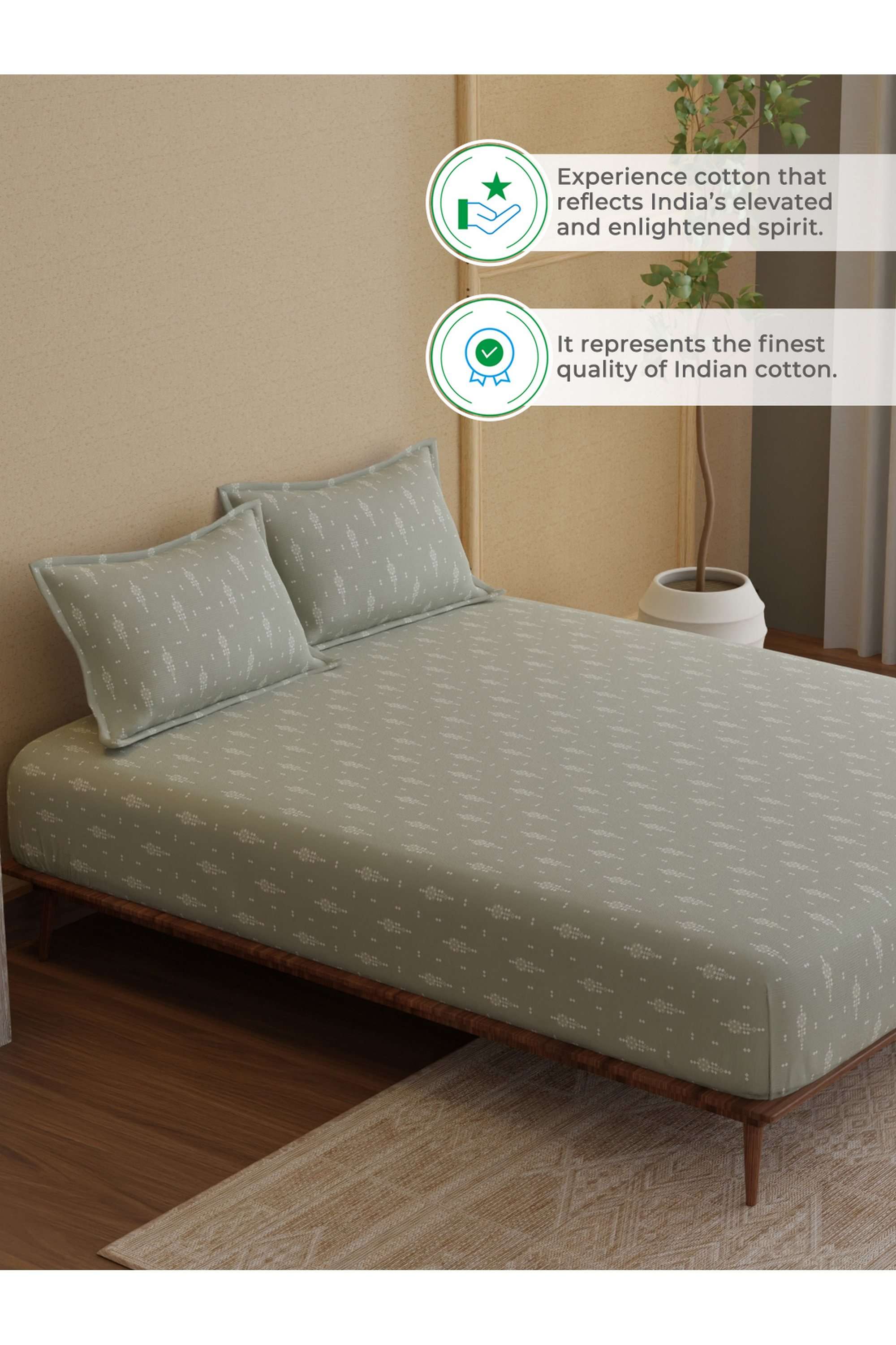 Indo-Musk-100--Kasturi-Cotton-200-TC-Grey-Printed-Fitted-Sheet-with-2-Pillow-Covers