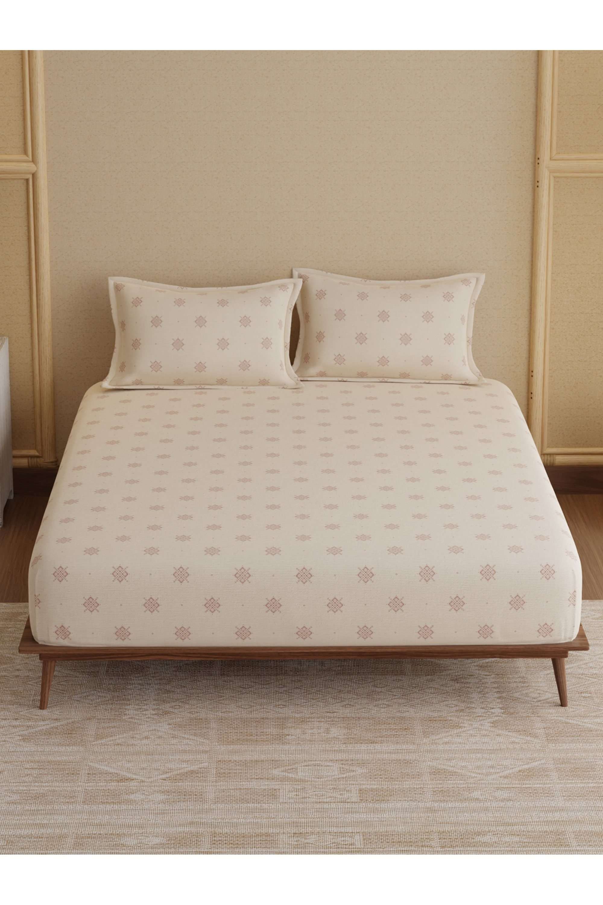 Indo-Musk-100--Kasturi-Cotton-200-TC-Cream-Printed-Fitted-Sheet-with-2-Pillow-Covers