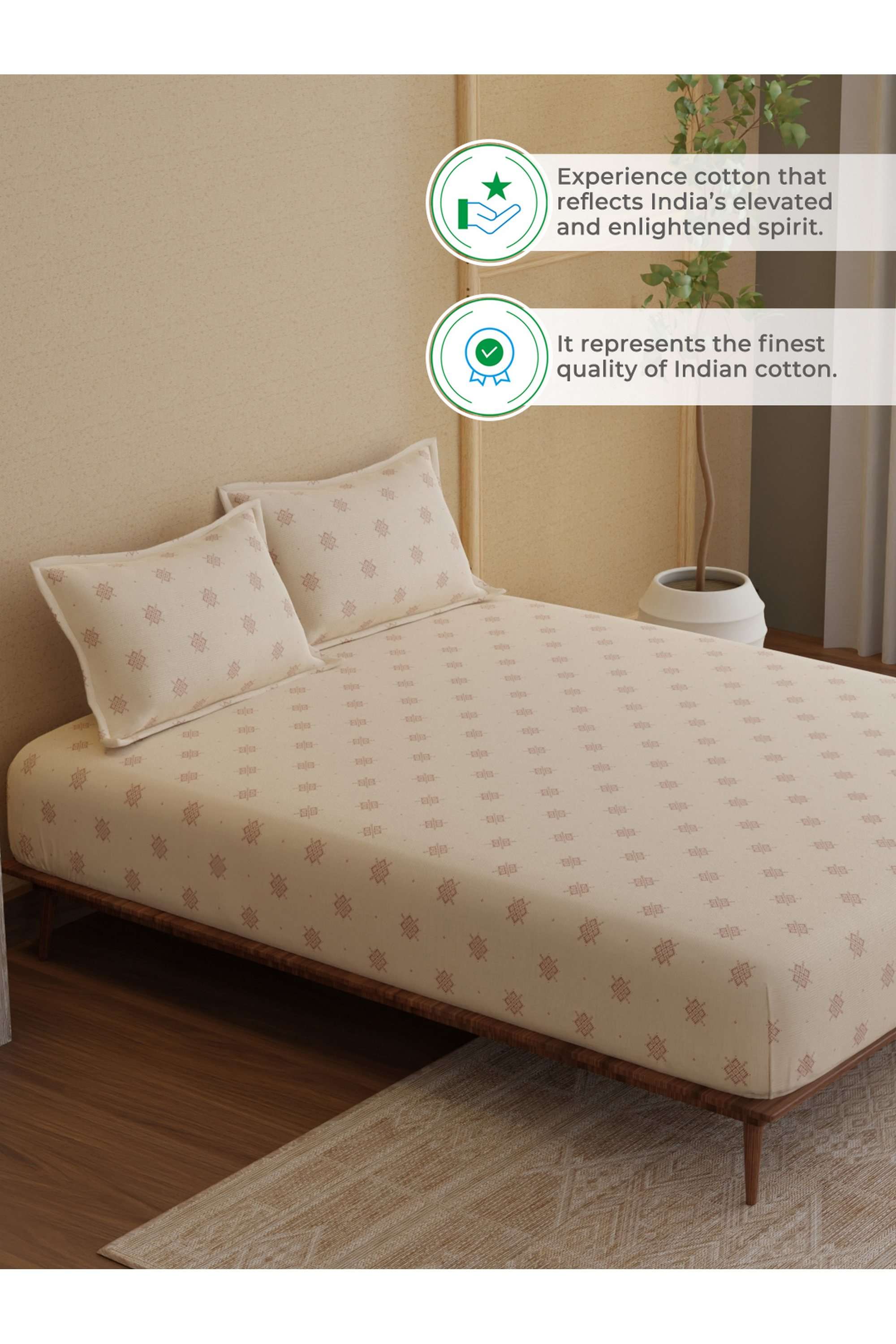Indo-Musk-100--Kasturi-Cotton-200-TC-Cream-Printed-Fitted-Sheet-with-2-Pillow-Covers