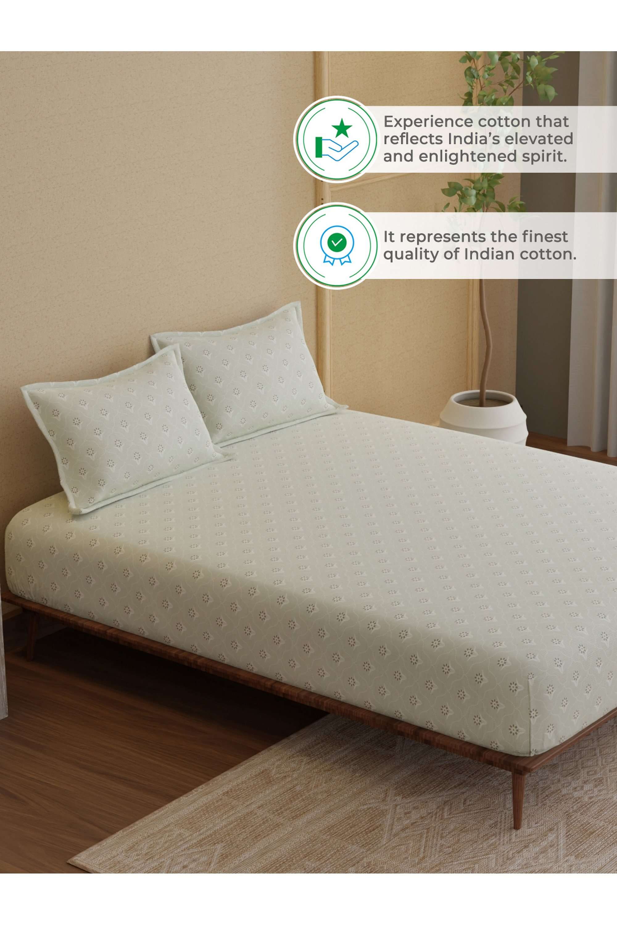 Indo-Musk-100--Kasturi-Cotton-200-TC-Grey-Printed-Fitted-Sheet-with-2-Pillow-Covers