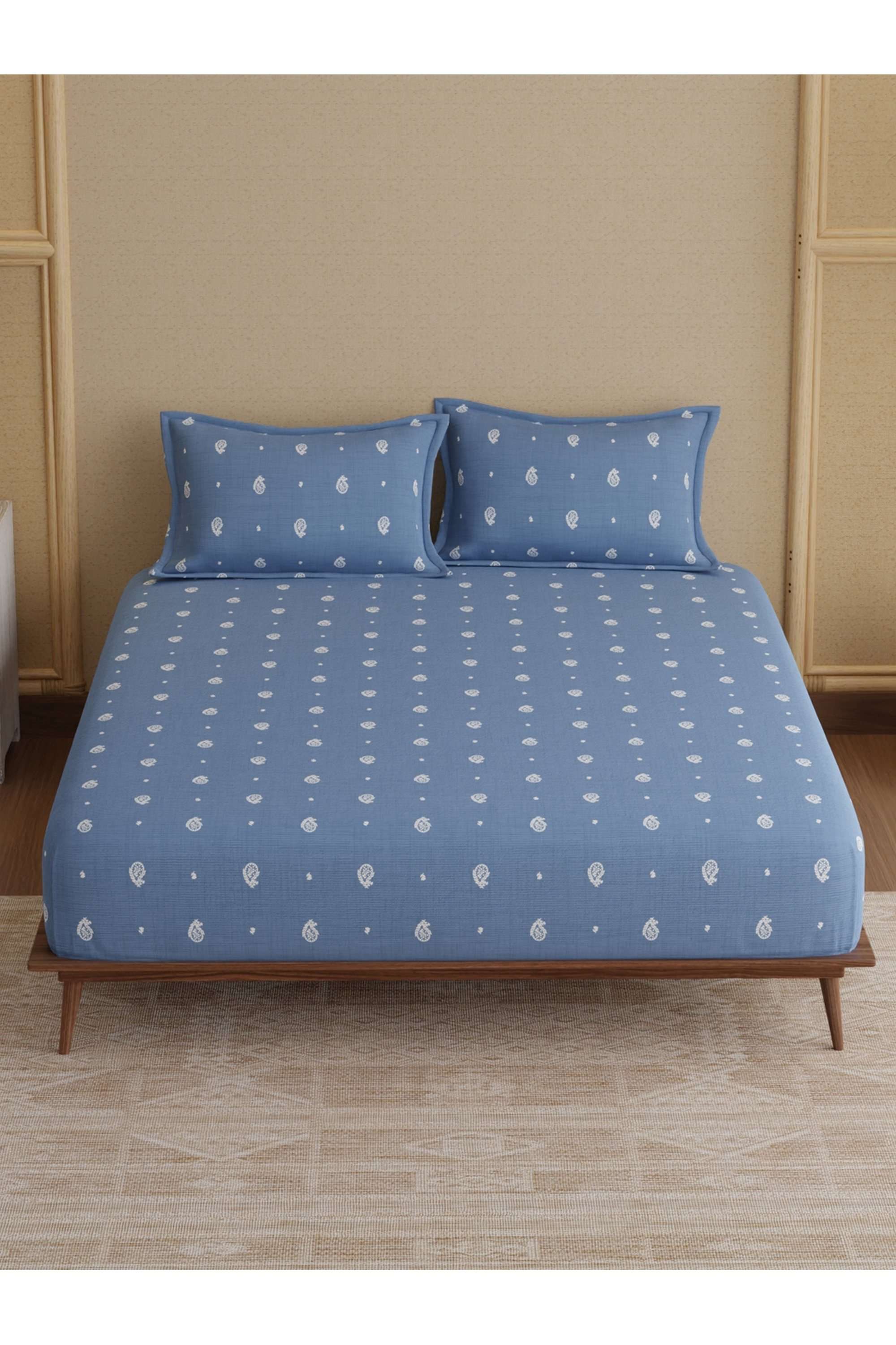Indo-Musk-100--Kasturi-Cotton-200-TC-Blue-Paisley-Print-Fitted-Sheet-with-2-Pillow-Covers