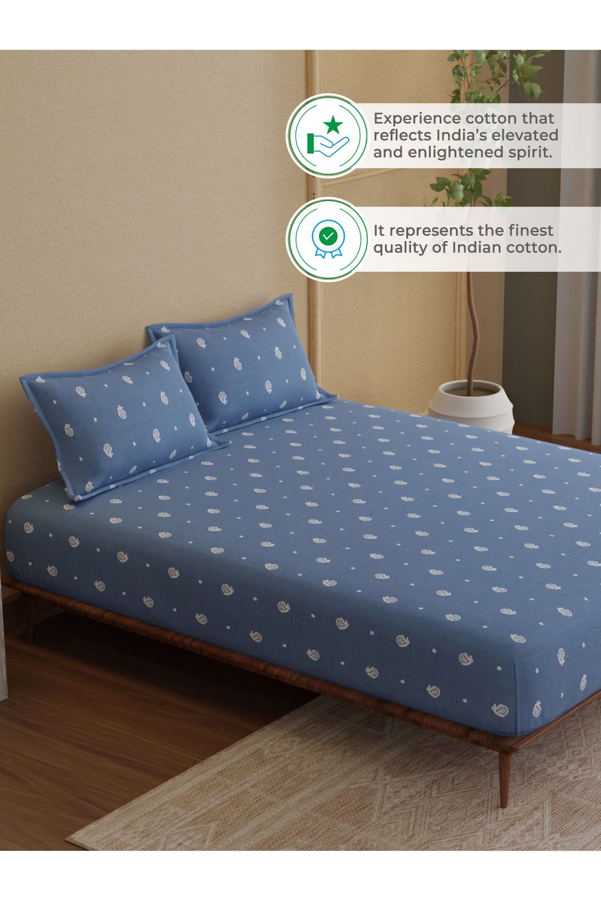 Indo-Musk-100--Kasturi-Cotton-200-TC-Blue-Paisley-Print-Fitted-Sheet-with-2-Pillow-Covers