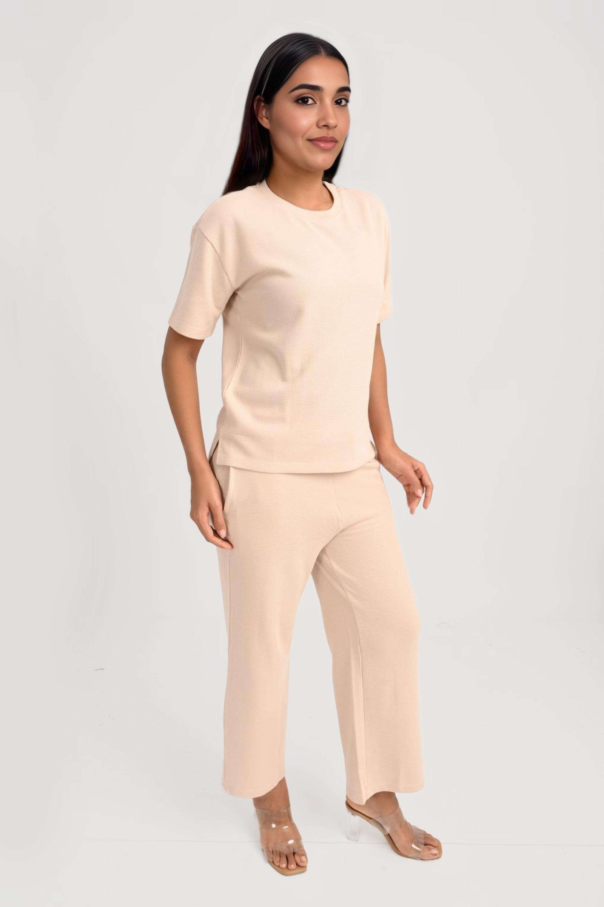 Solid-Round-Neck-Cotton-Blend-Women-Co-Ord-Set