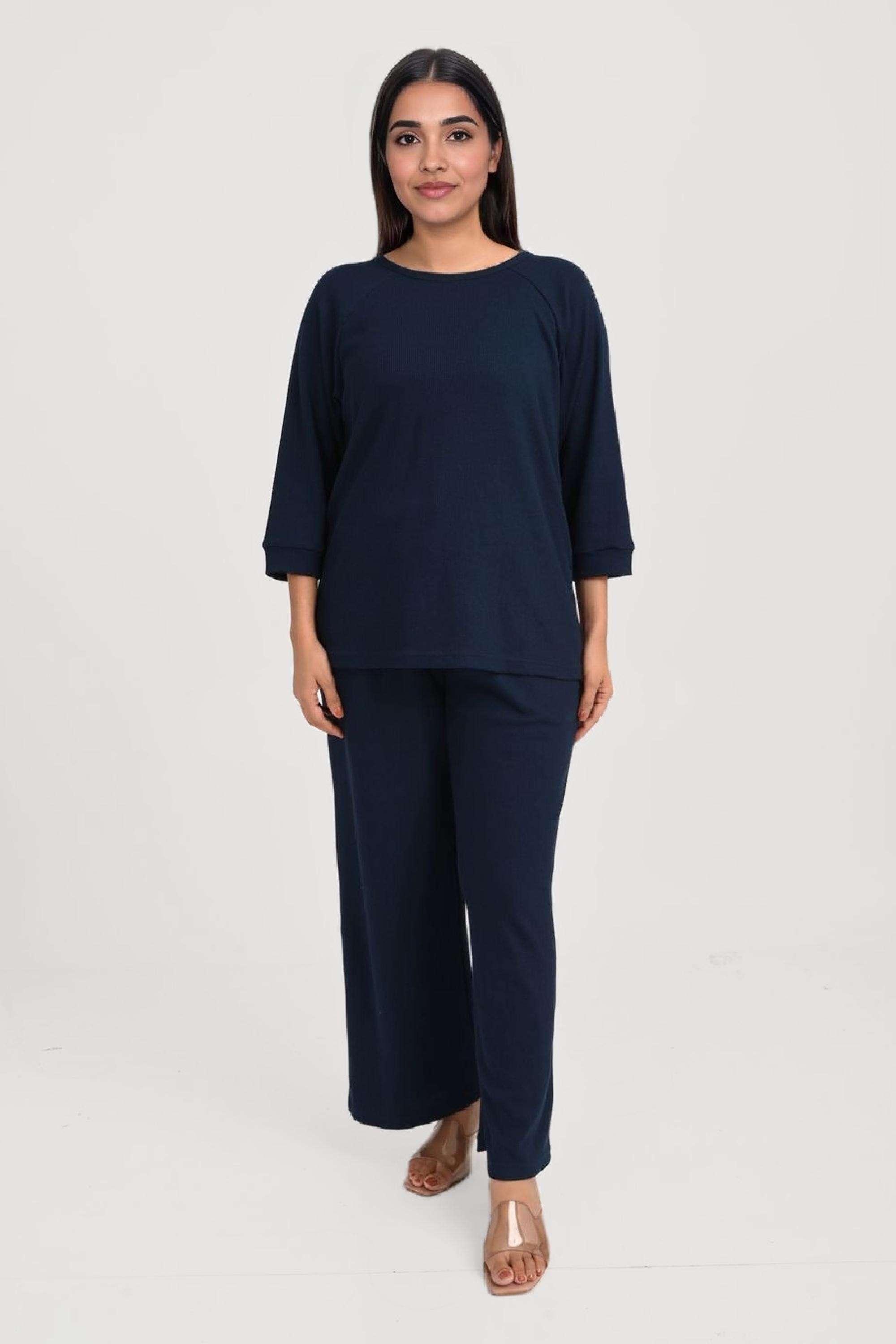 Solid-Cotton-Blend-Regular-Fit-Women-s-Top-&-Pyjama-Set