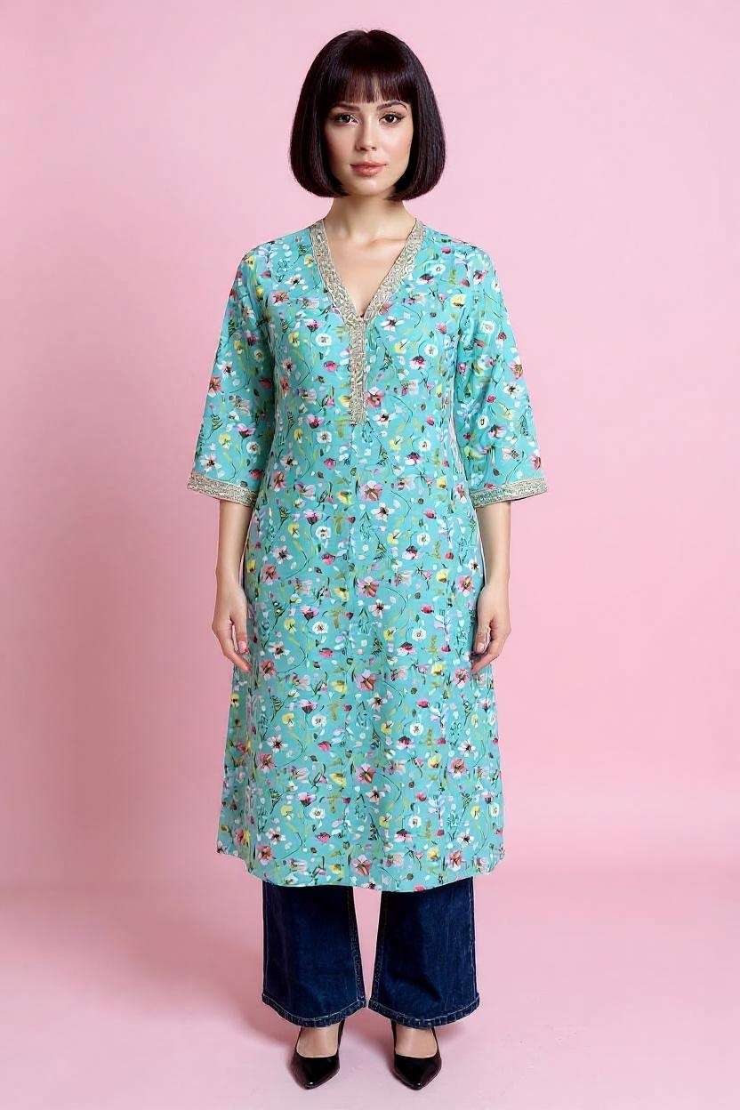 Printed-Polyester-V-Neck-Women-Fusion-Wear-Kurta