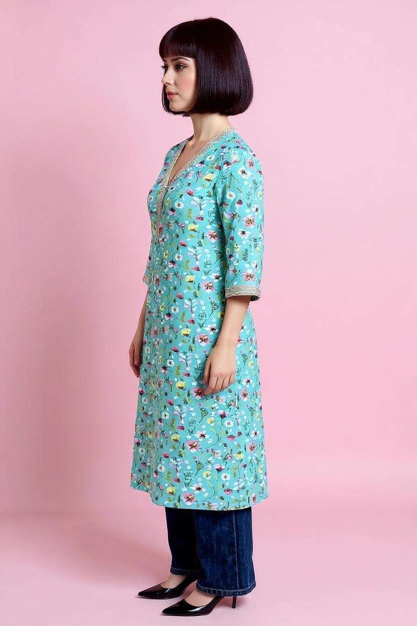 Printed-Polyester-V-Neck-Women-Fusion-Wear-Kurta
