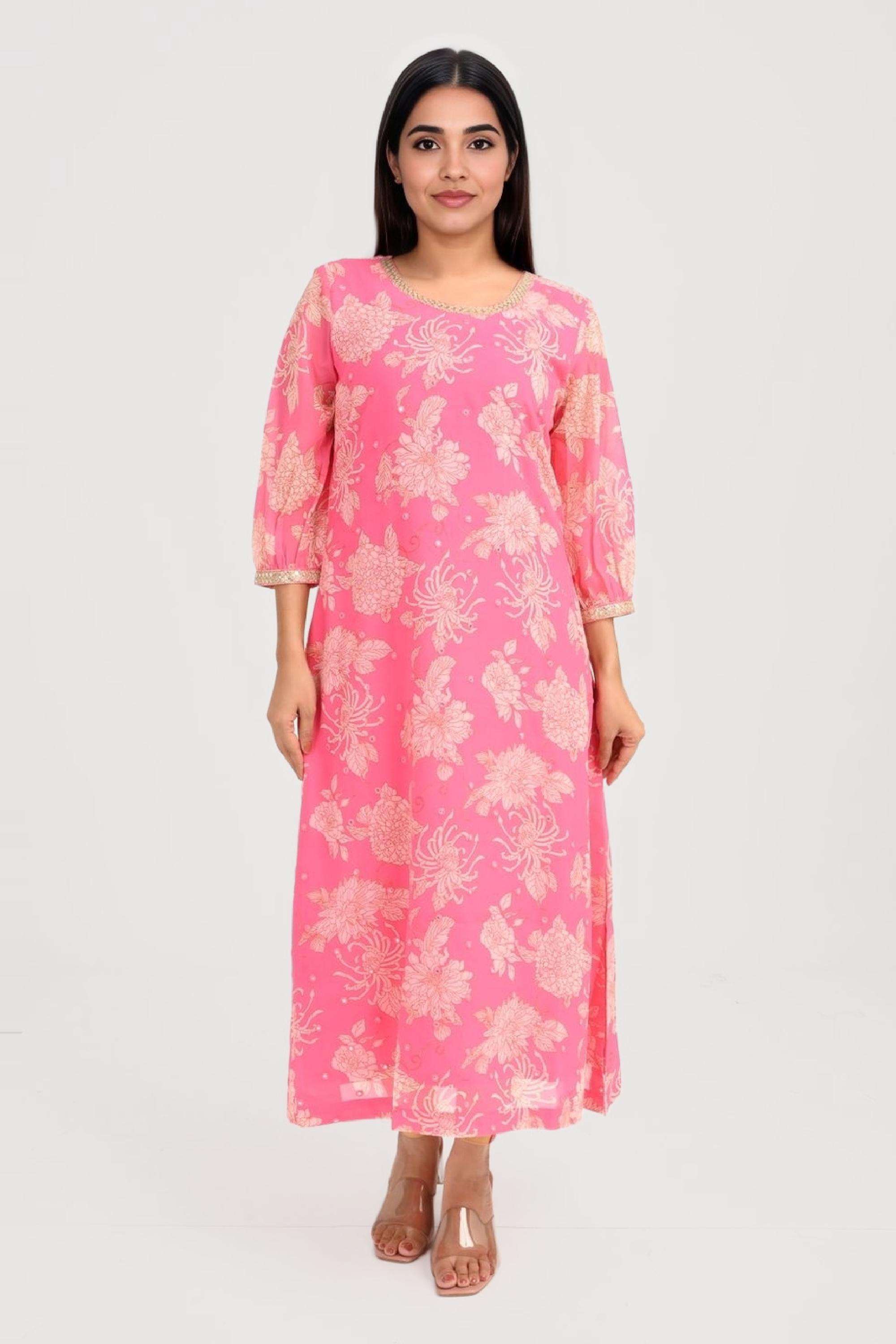 Printed-Chiffon-Round-Neck-Women-Fusion-Wear-Kurta