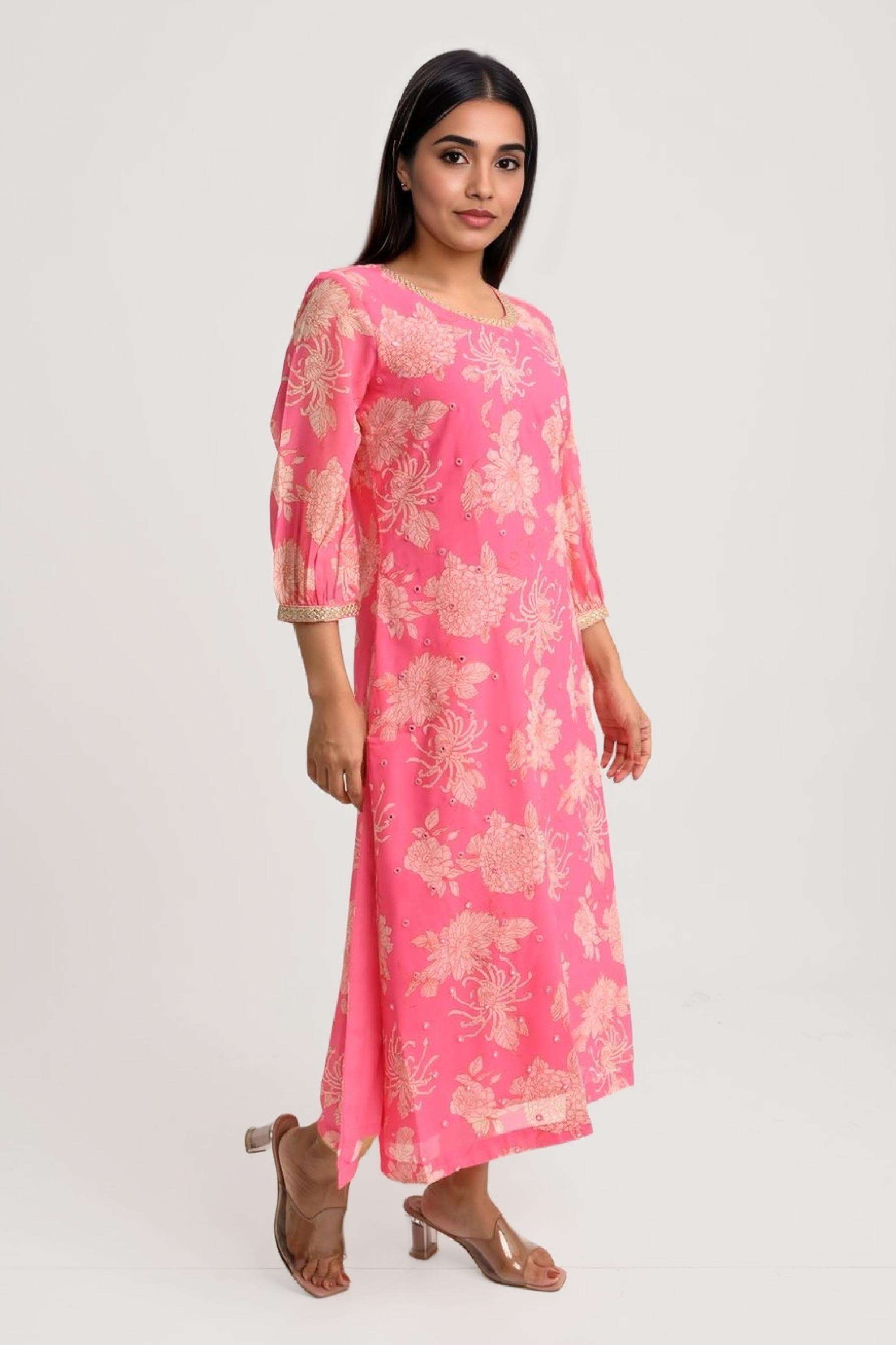 Printed-Chiffon-Round-Neck-Women-Fusion-Wear-Kurta