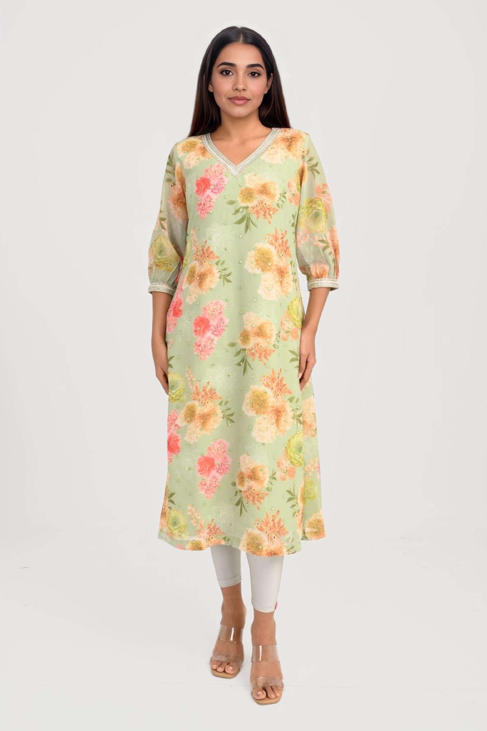 Printed-Chiffon-V-Neck-Women-s-Kurta