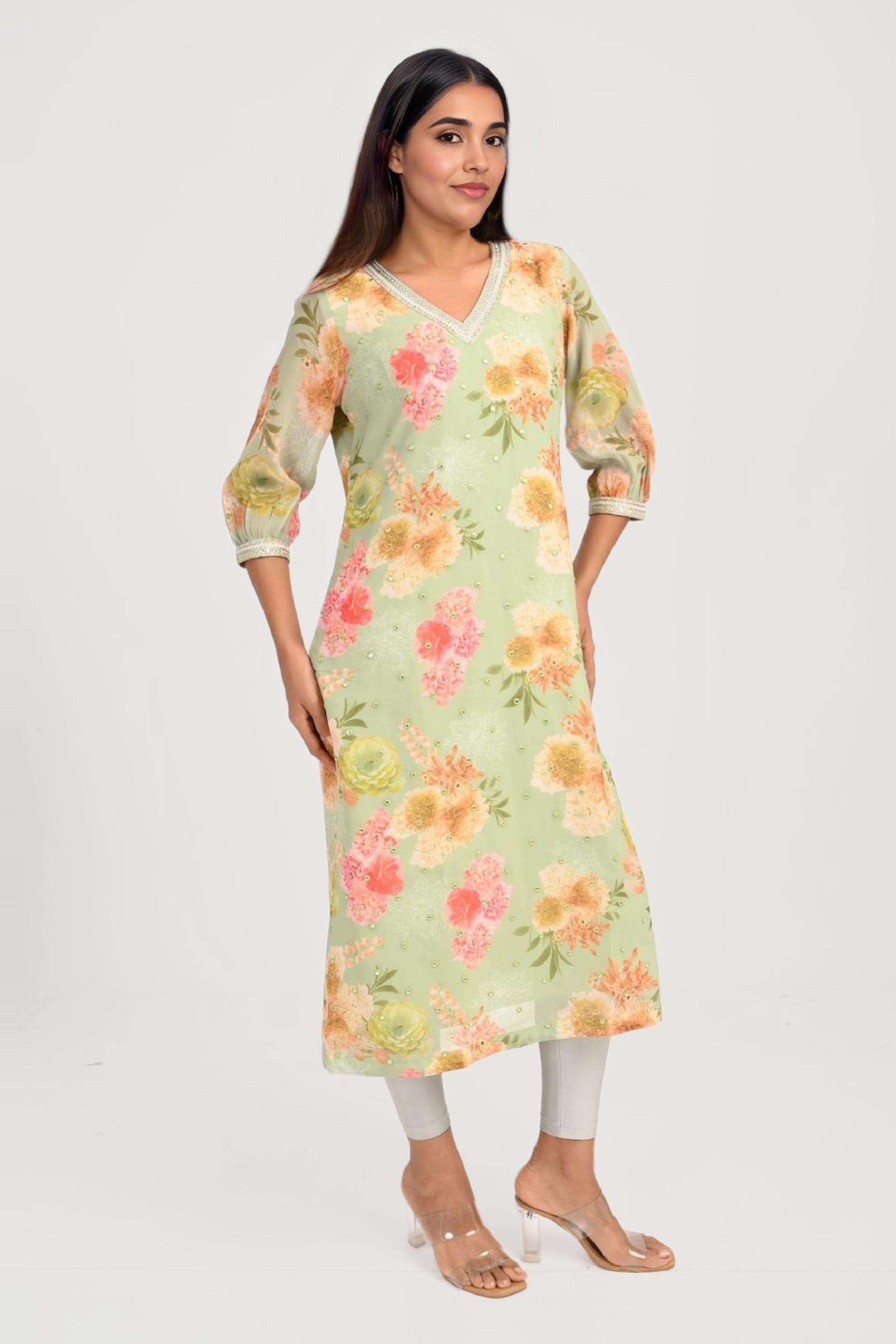 Printed-Chiffon-V-Neck-Women-s-Kurta