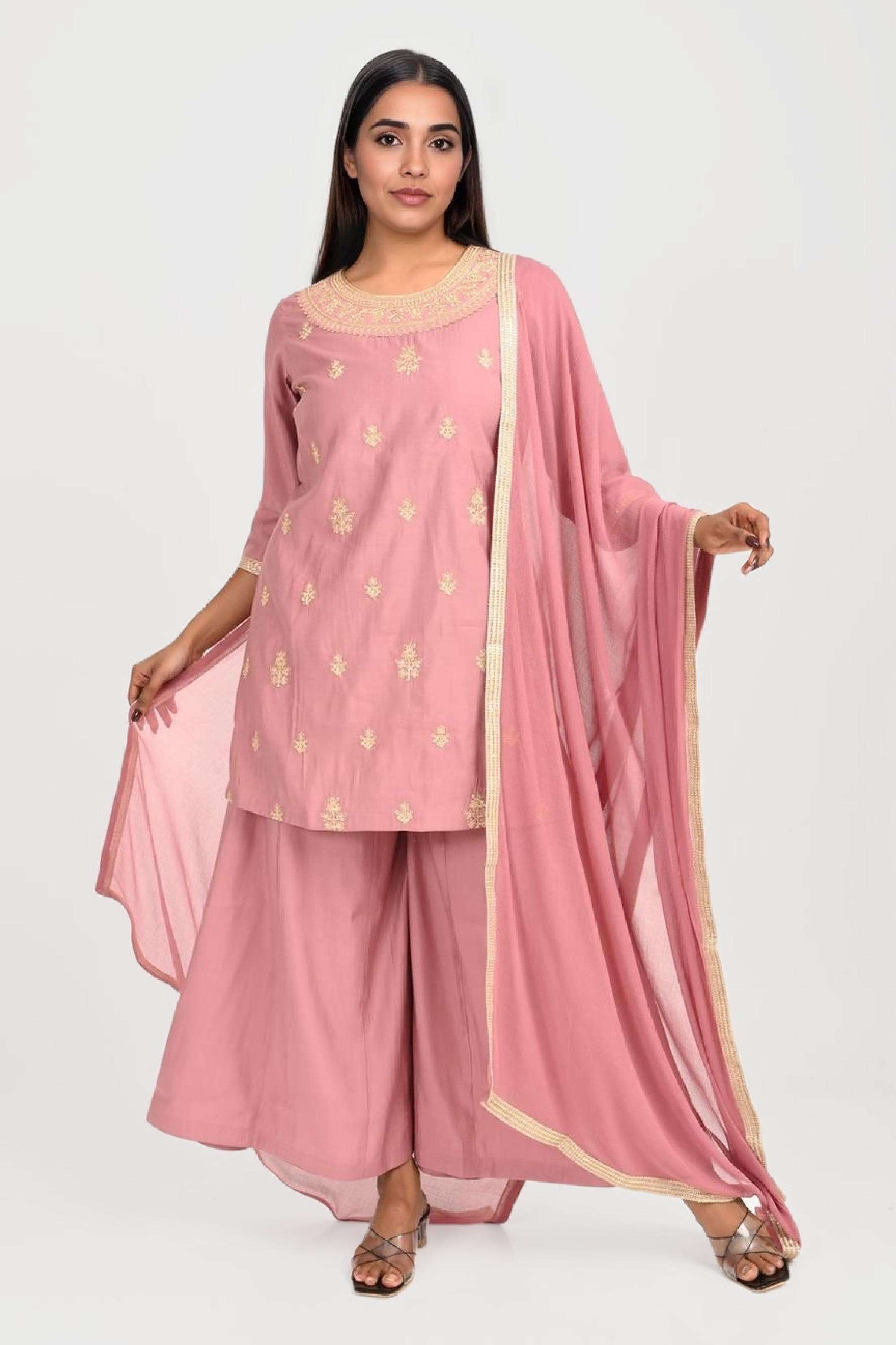 Textured-Chanderi-V-Neck-Women-s-Casual-Wear-Kurta-Set