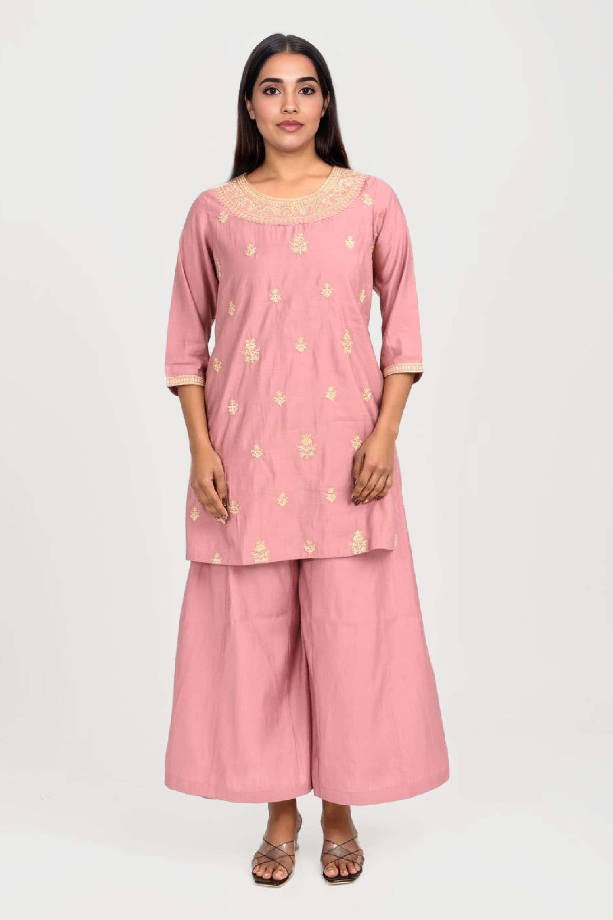 Textured-Chanderi-V-Neck-Women-s-Casual-Wear-Kurta-Set