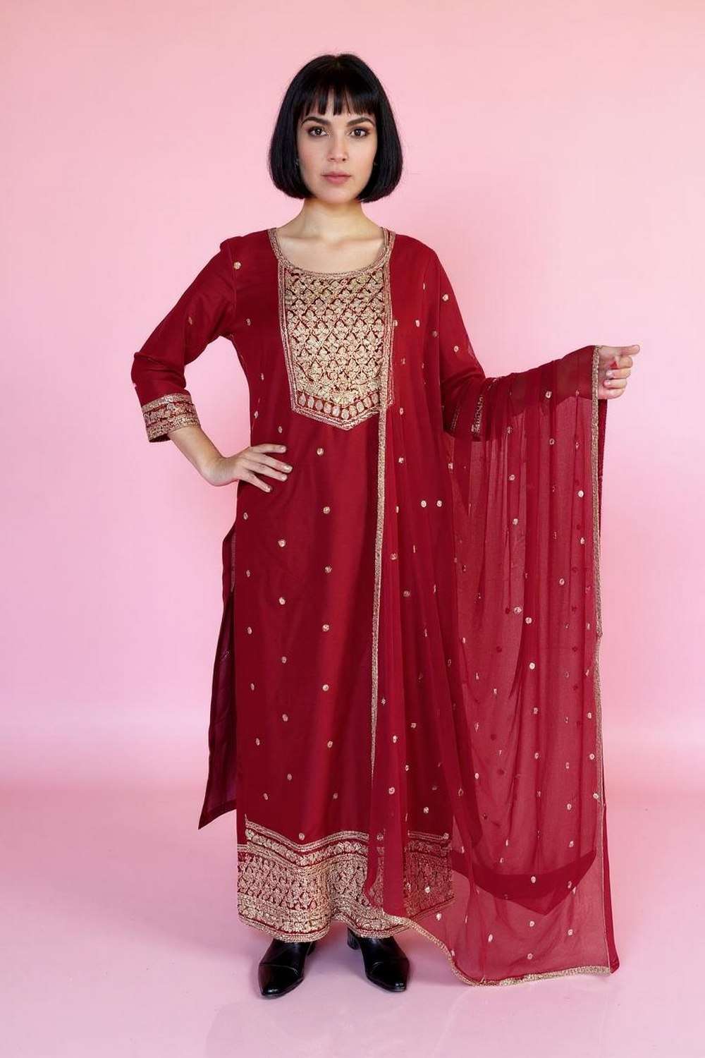 Embroidered-3/4-Sleeves-Viscose-Women-Calf-Length-Palazzos