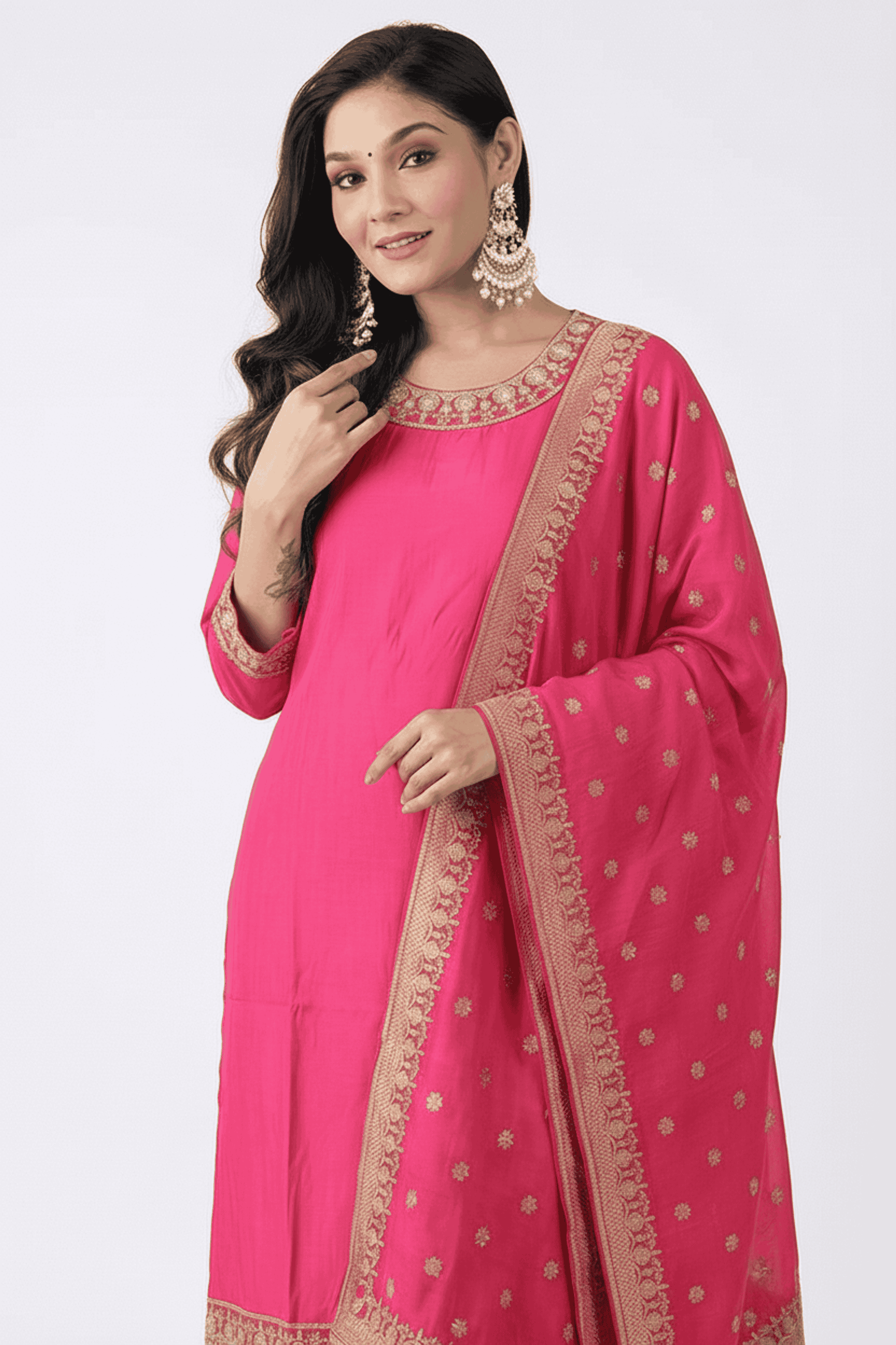 Solid-Round-Neck-Blended-Fabric-Women-Kurta-with-Palazzo-and-Dupatta