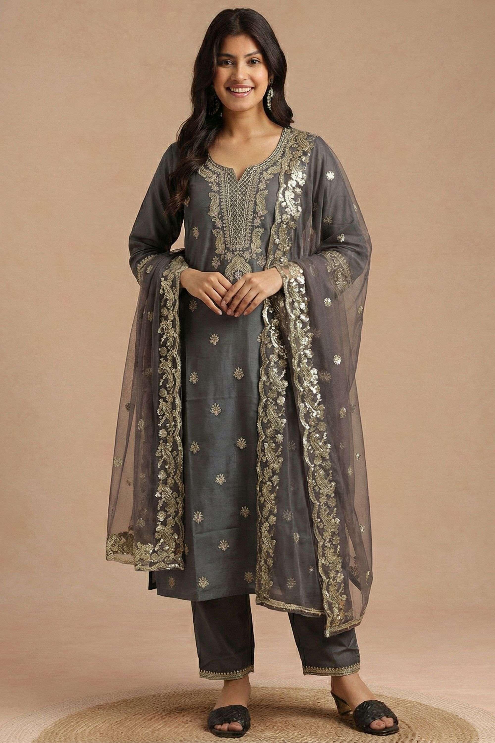 Embroidered-Y-Neck-Blended-Fabric-Women-Kurta-with-Pant-and-Dupatta