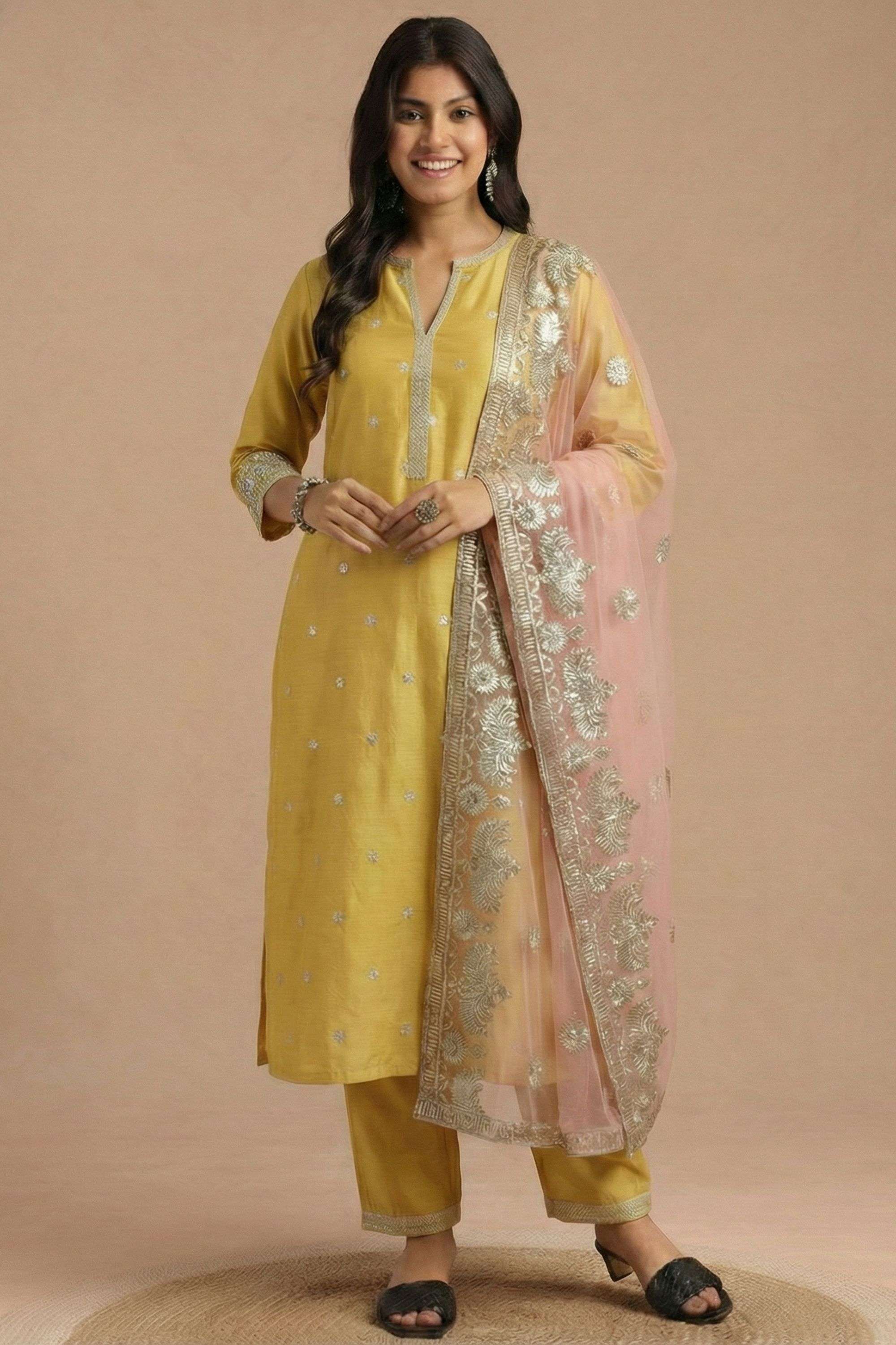 Embellished-Y-Neck-Blended-Fabric-Women-Kurta-with-Pant-and-Dupatta