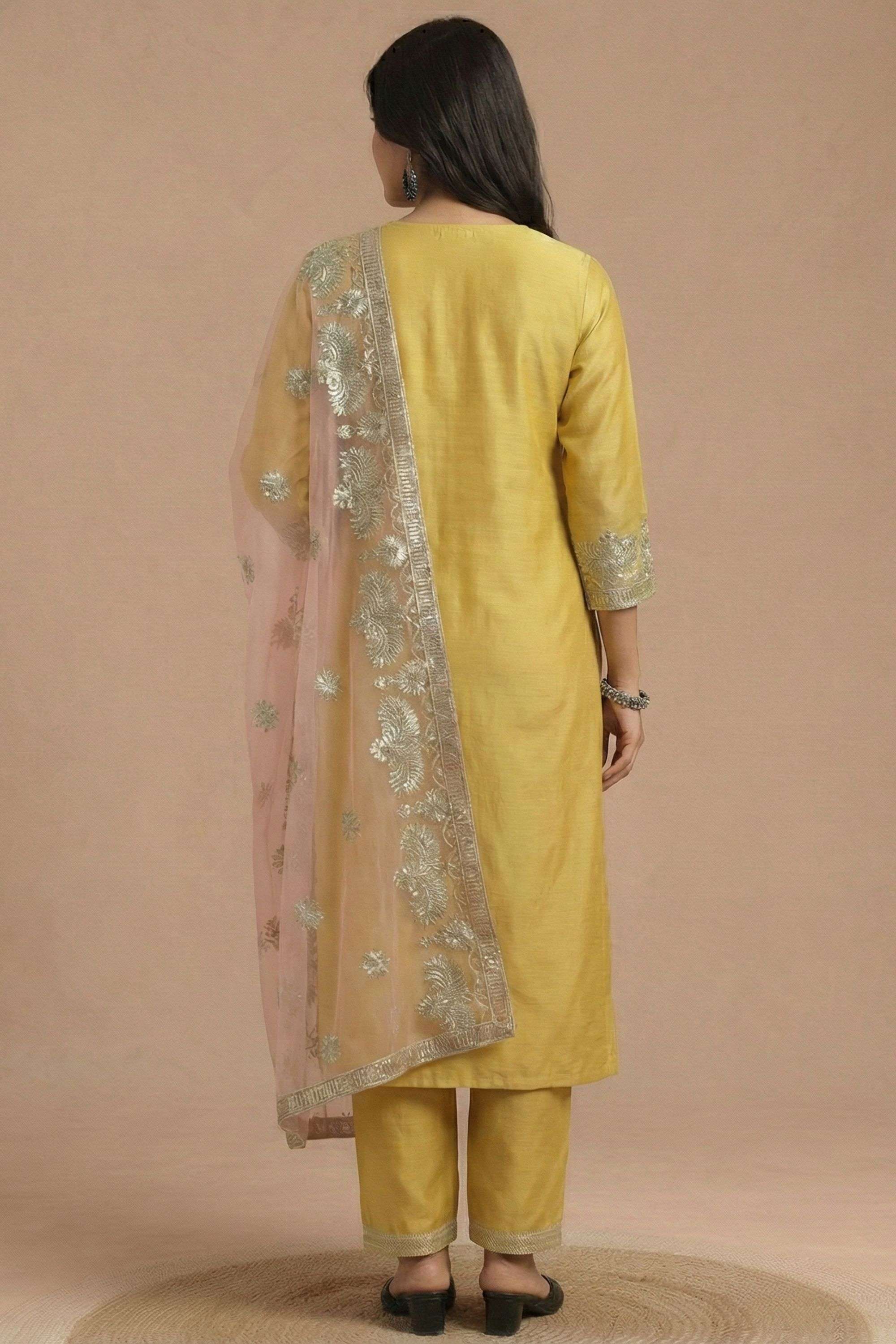 Embellished-Y-Neck-Blended-Fabric-Women-Kurta-with-Pant-and-Dupatta