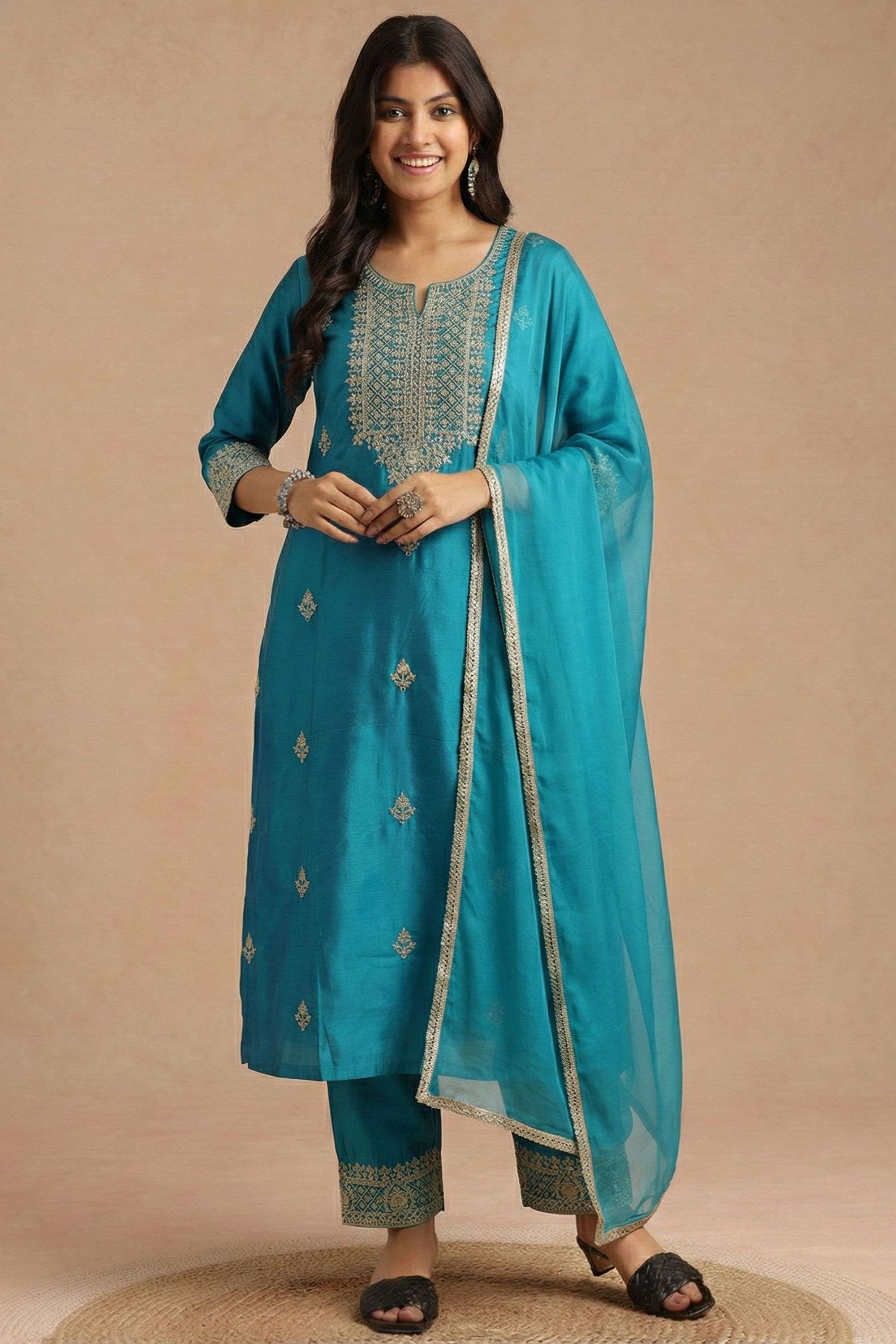 Embroidered-Y-Neck-Blended-Fabric-Women-Kurta-with-Pant-and-Dupatta