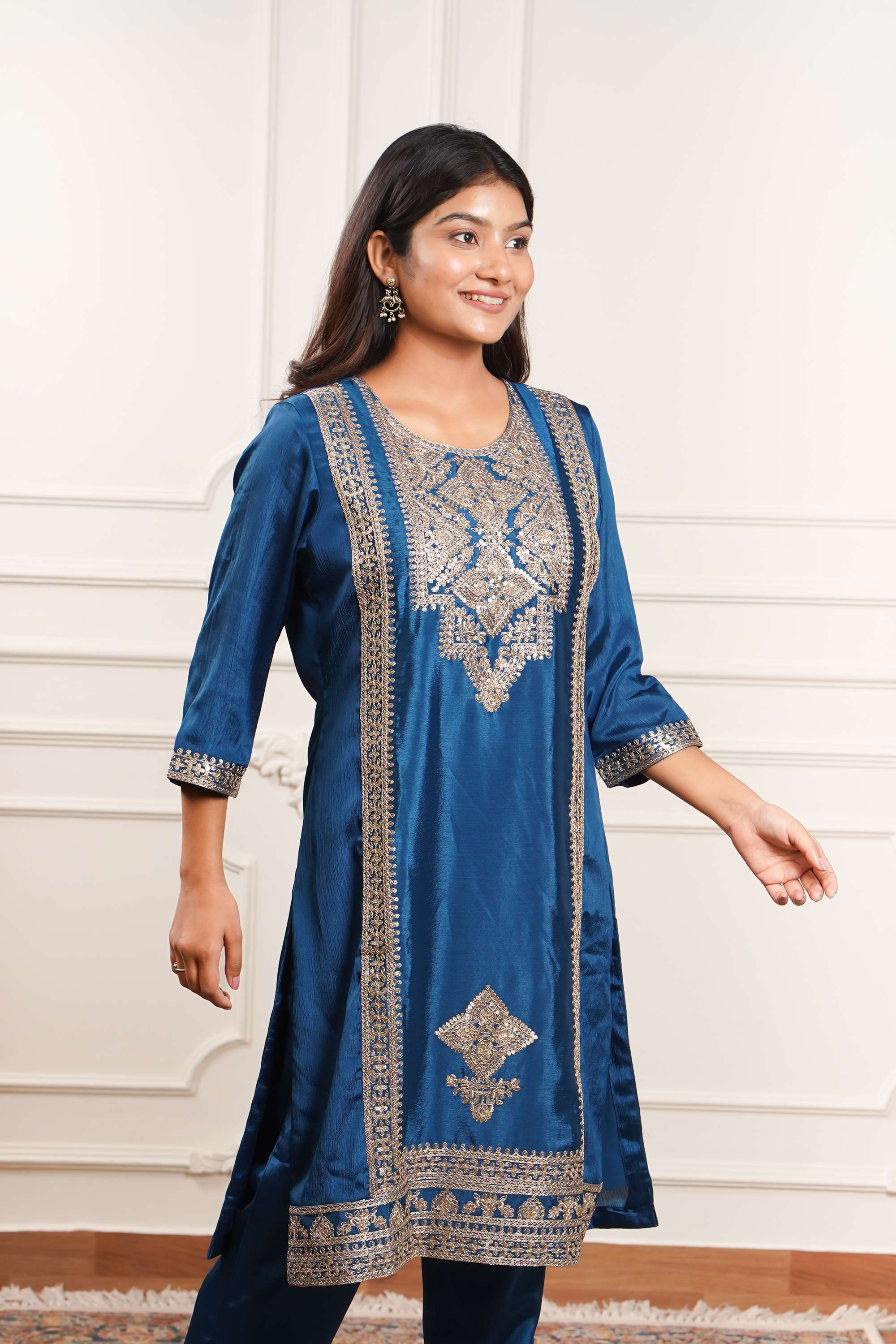 Embellished-Y-Neck-Blended-Fabric-Women-Kurta-with-Pant-and-Dupatta