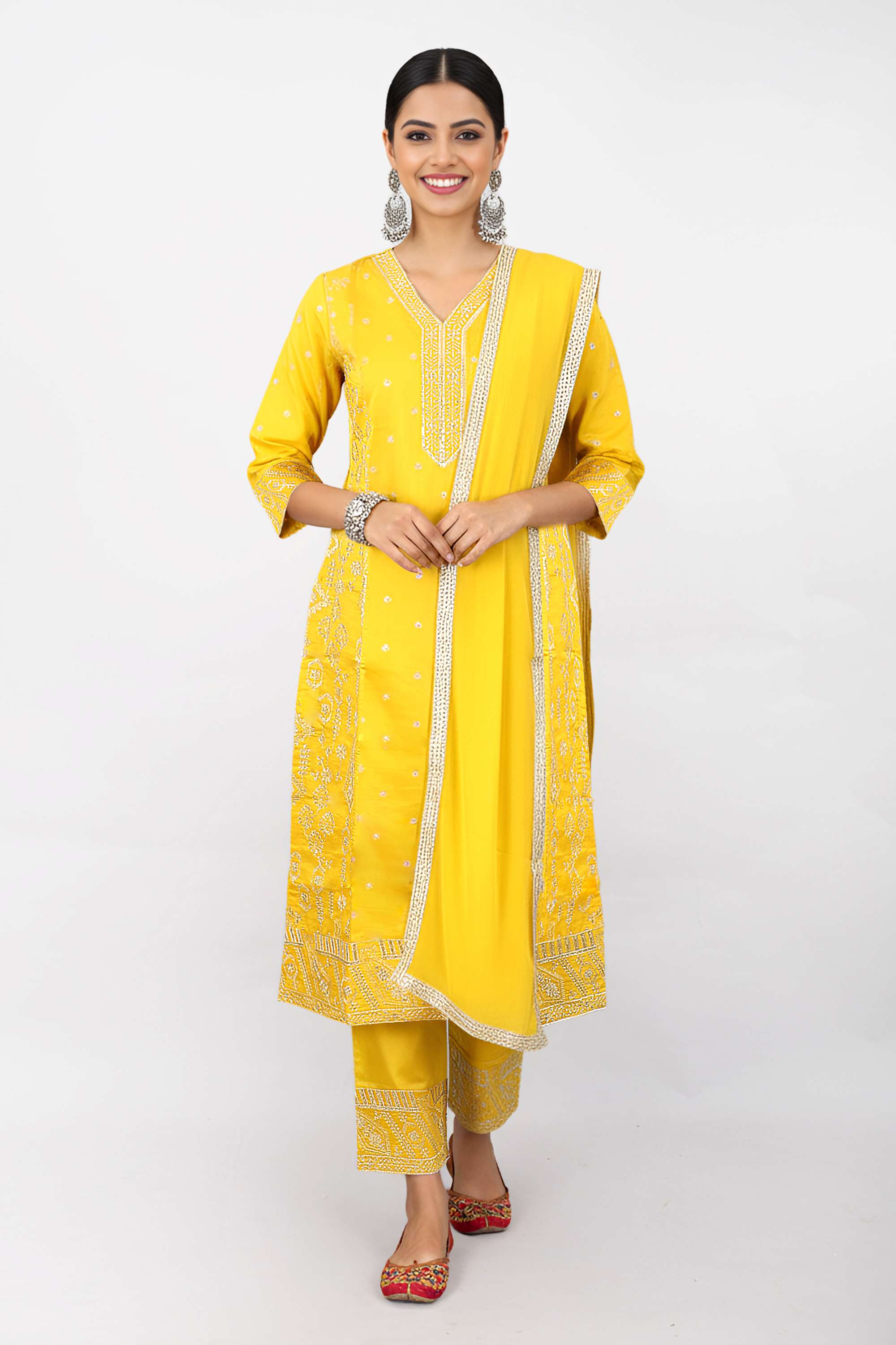 Bandhani-Y-Neck-Blended-Fabric-Women-Kurta-with-Pant-and-Dupatta