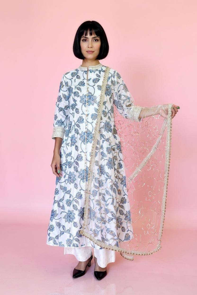 Printed-3/4-Sleeves-Chanderi-Women-Calf-Length-Palazzos