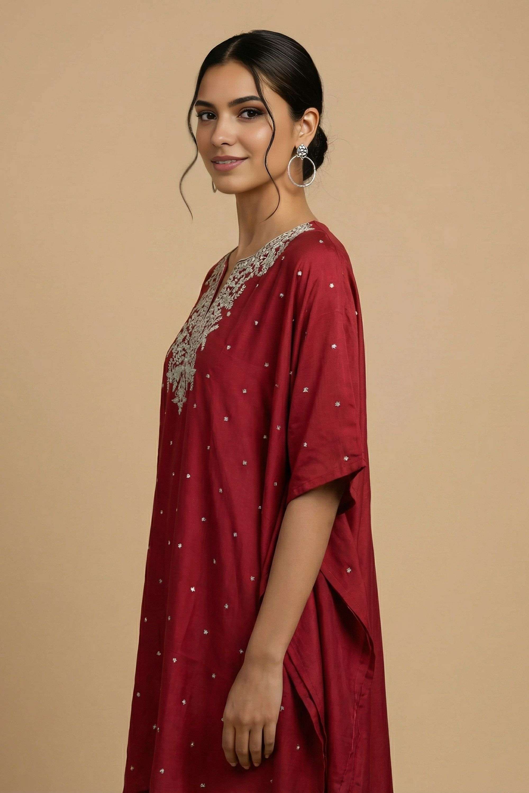 Embellished-Y-Neck-Blended-Fabric-Women-s-Casual-Wear-Kaftan