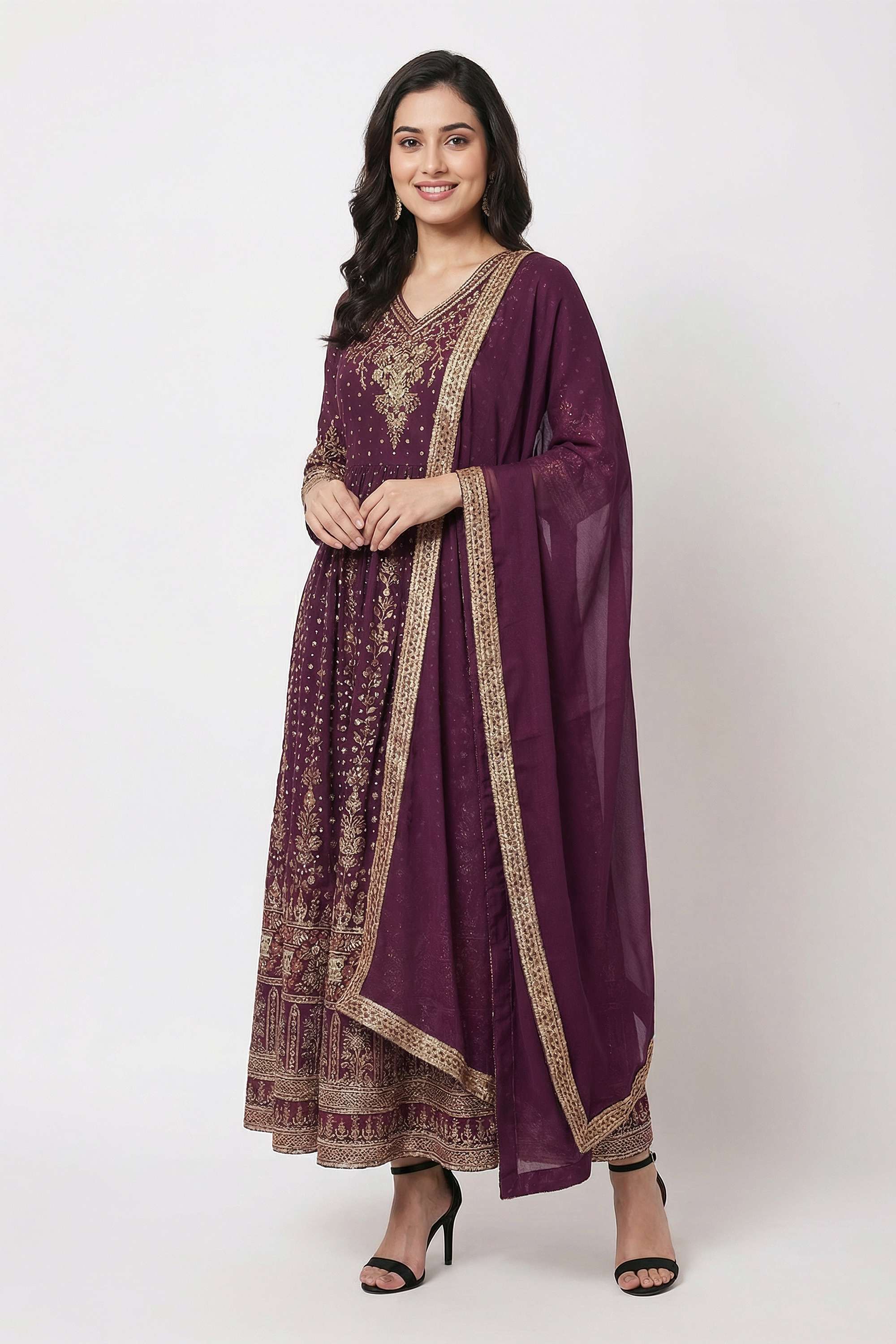 Embroidered-Y-Neck-Blended-Fabric-Women-Anarkali-Kurta-with-Pant-and-Dupatta