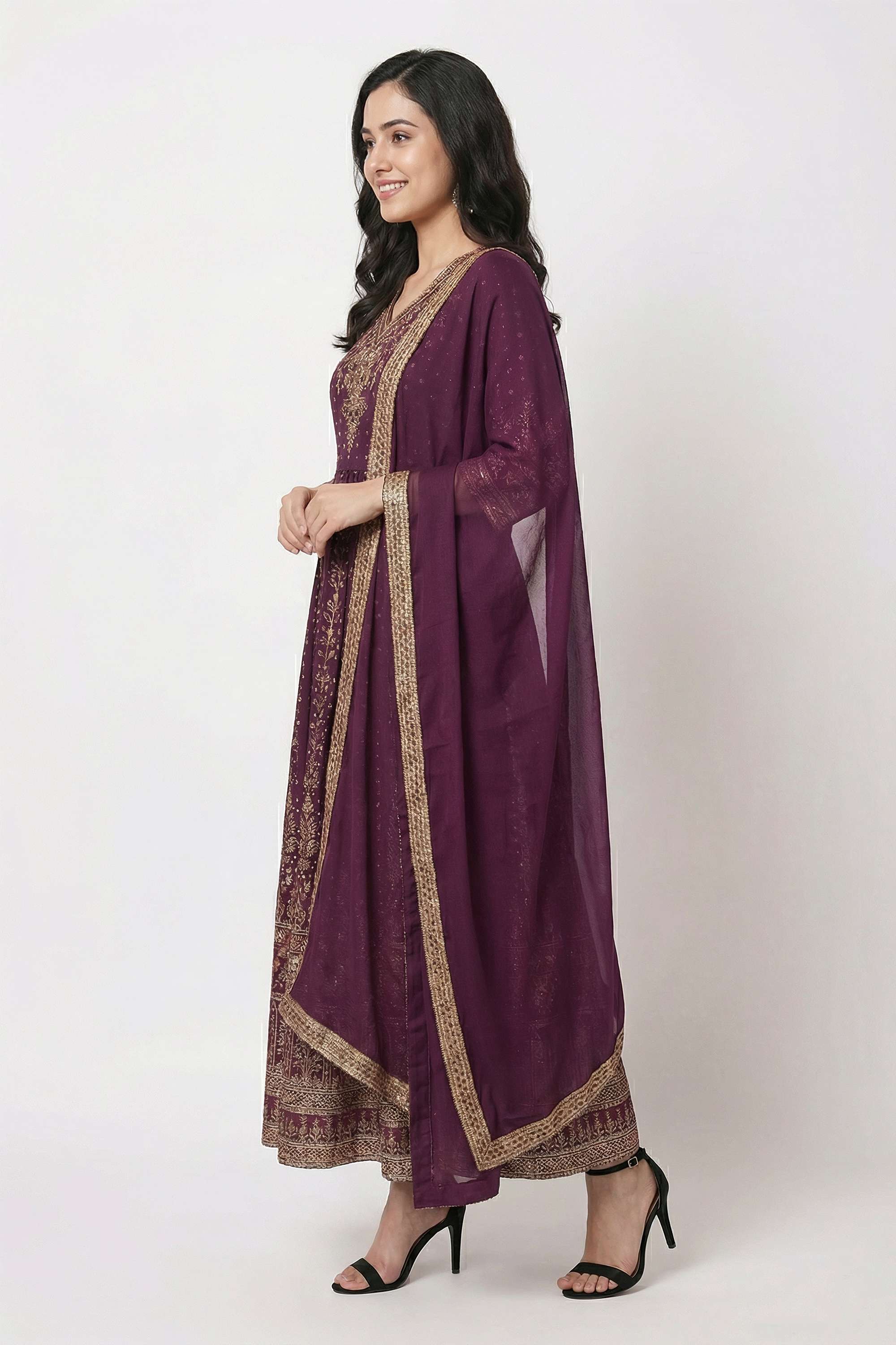 Embroidered-Blended-Fabric-V-Neck-Women-Festive-Wear-Anarkali-Kurta-with-Pant-and-Dupatta