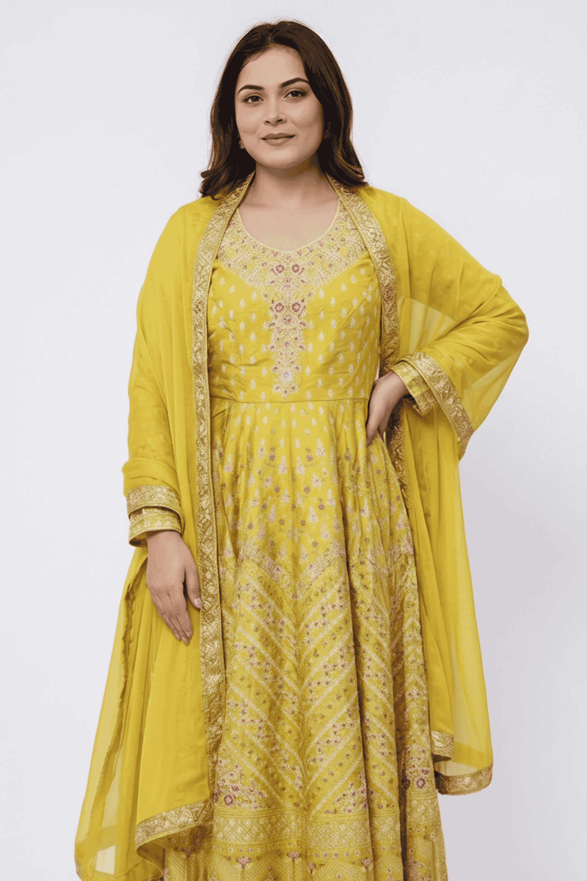 Embroidered-Round-Neck-Blended-Fabric-Women-Anarkali-Kurta-with-Pant-and-Dupatta