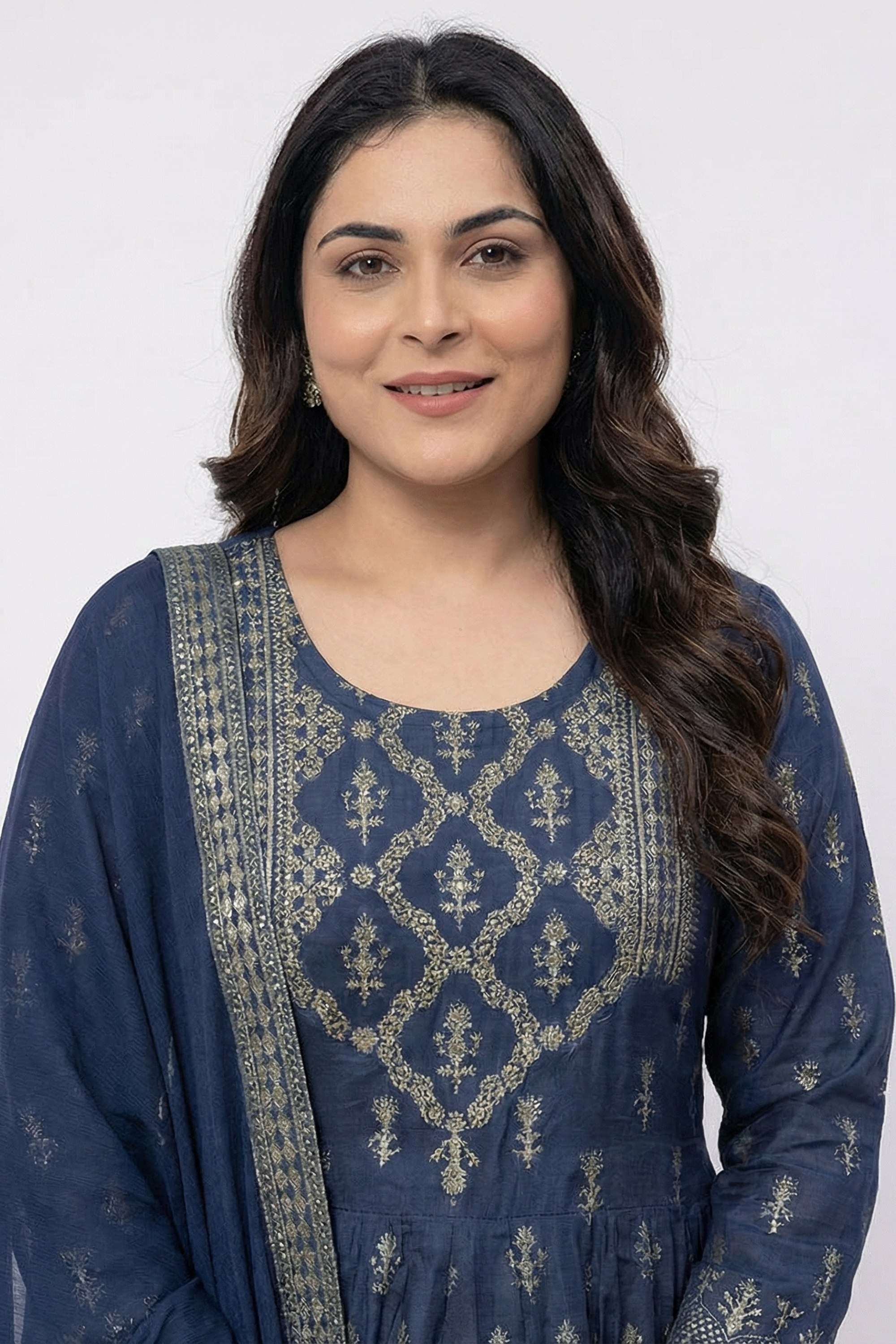 Embroidered-Round-Neck-Blended-Fabric-Women-Anarkali-Kurta-with-Pant-and-Dupatta