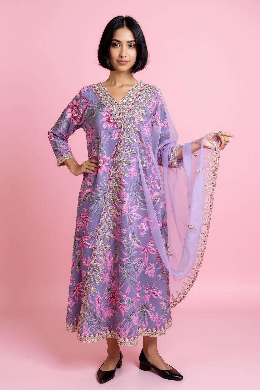 Printed-V-Neck-Polyester-Women-Kurta-Set