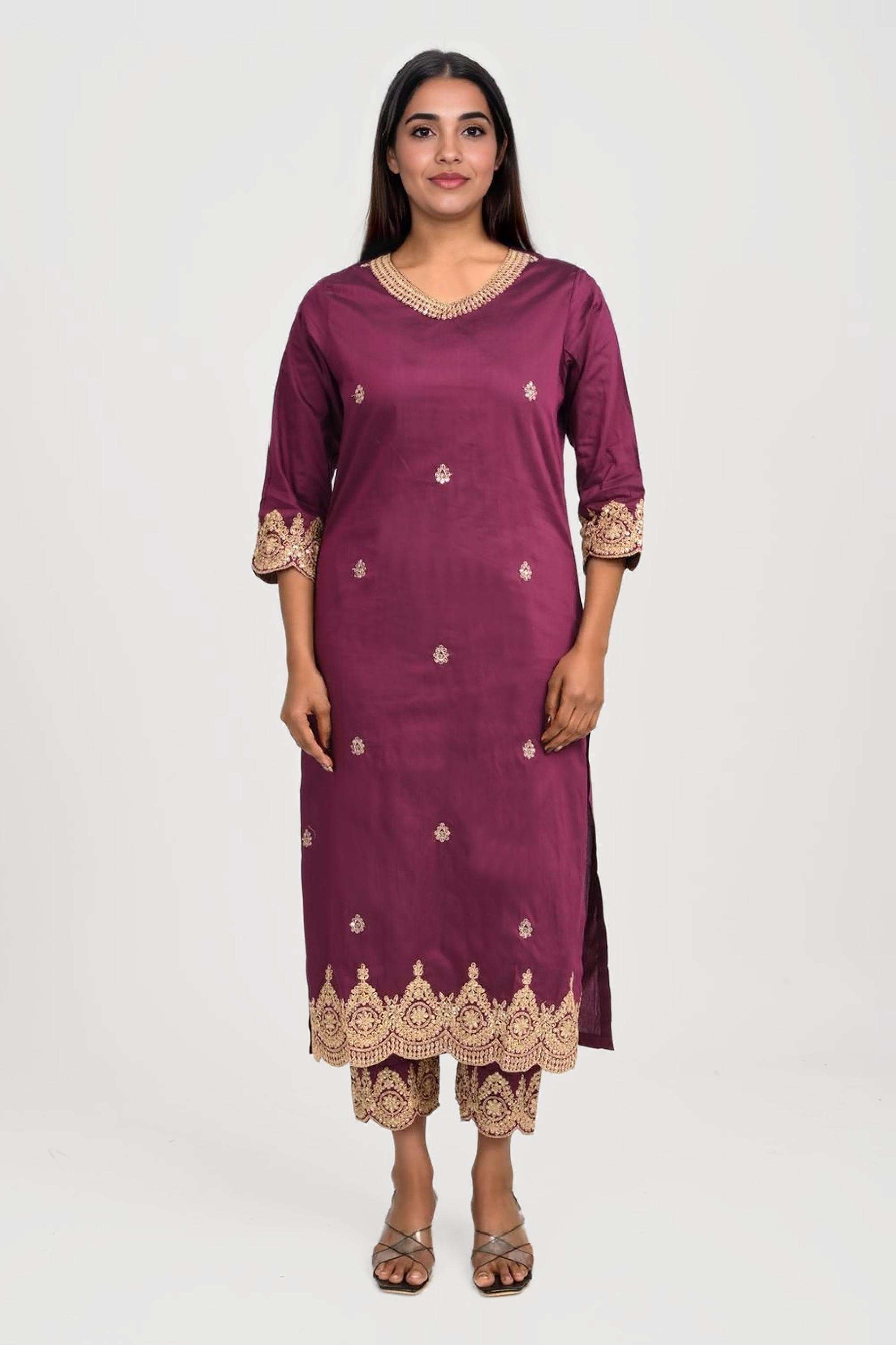 Textured-Polyester-V-Neck-Women-s-Casual-Wear-Kurta-Set