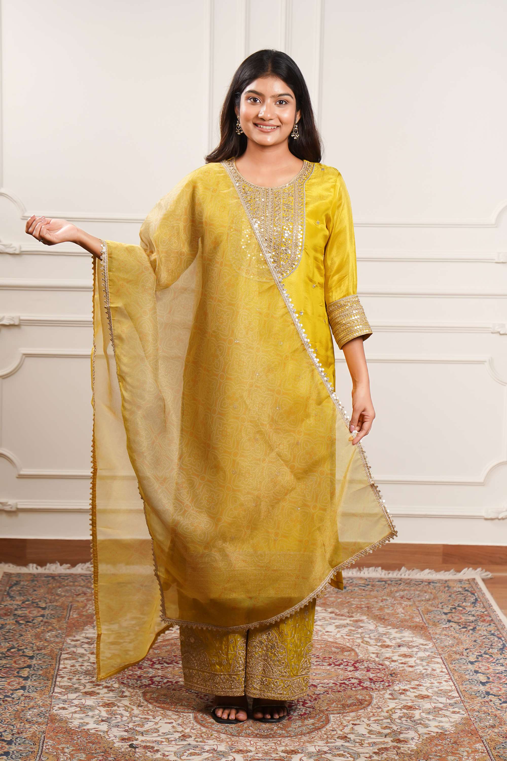 Embellished-Blended-Fabric-Round-Neck-Women-Casual-Wear-Kurta-Set