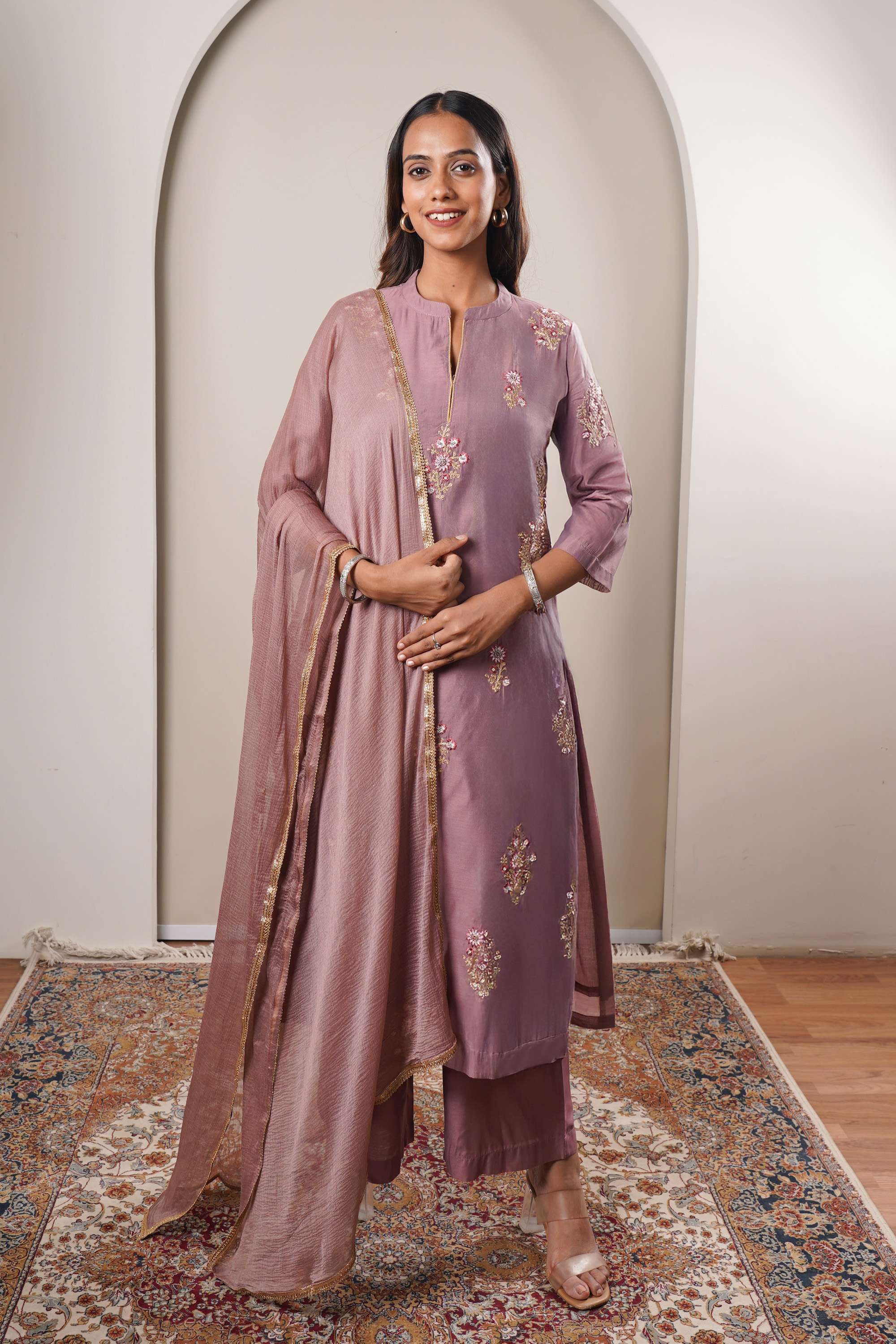 Embroidered-Calf-Length-Chanderi-Women-s-Kurta-Set
