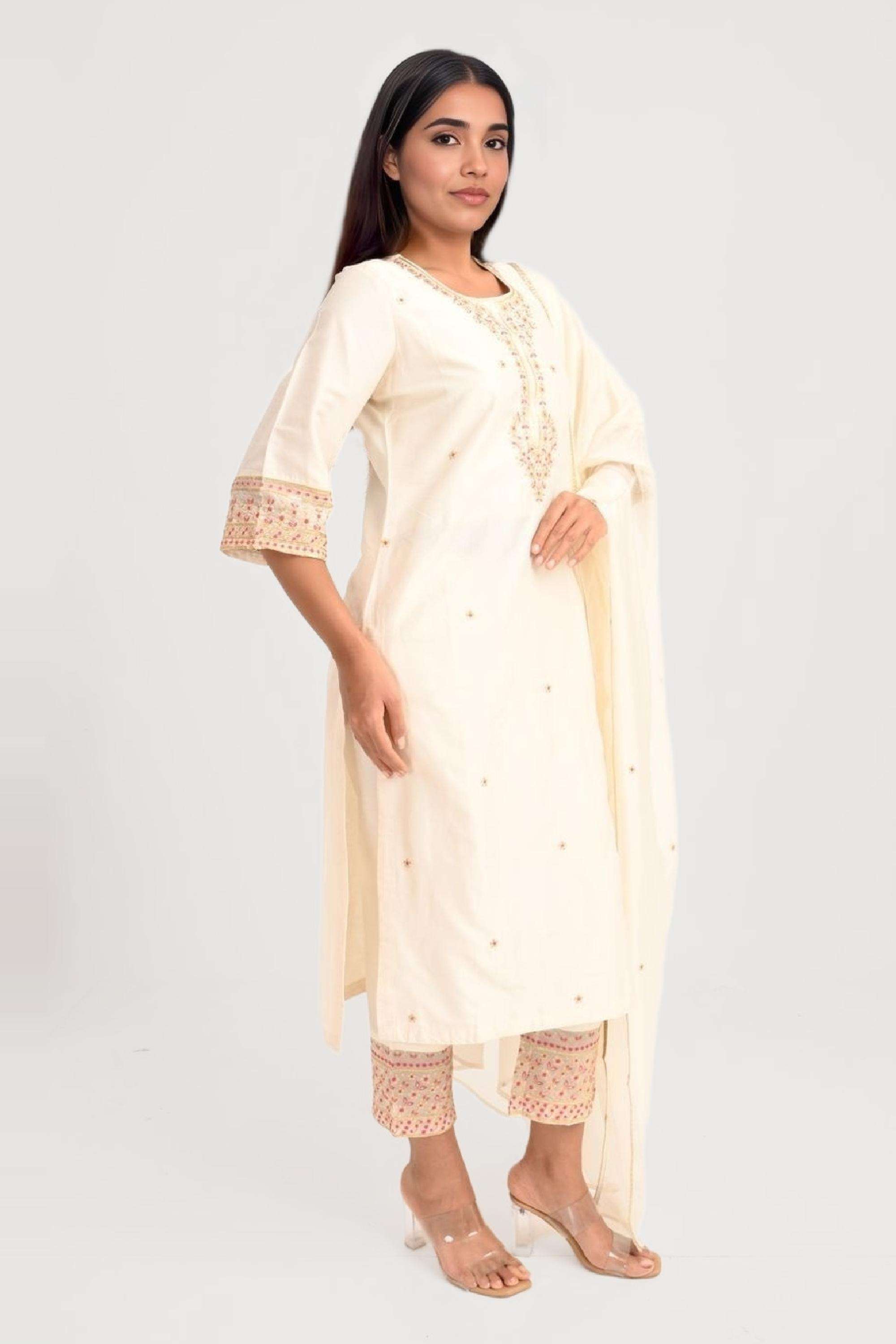 Embroidered-Round-Neck-Blended-Fabric-Women-Kurta-with-Pant-and-Dupatta