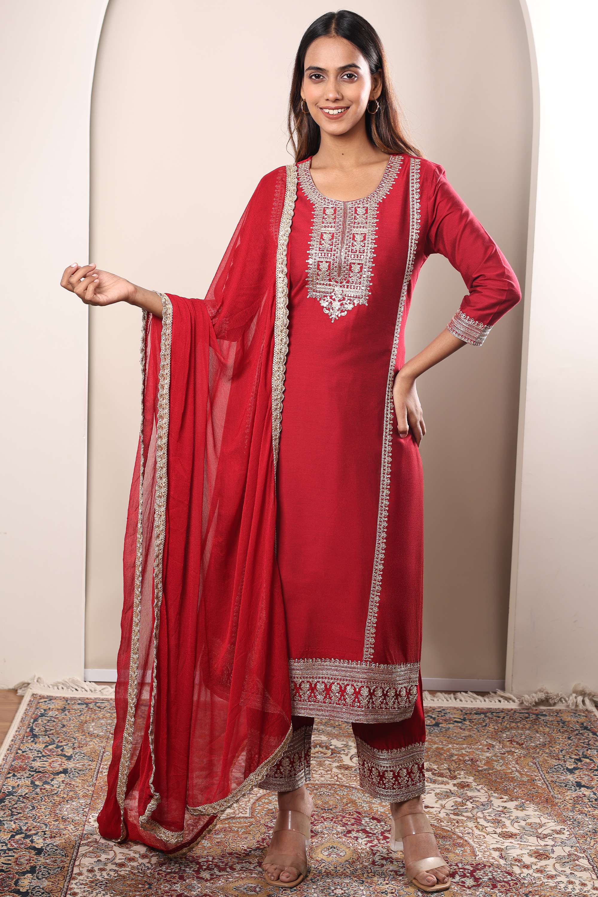 Solid-Viscose-Round-Neck-Women-s-Festive-Wear-Kurta-Set