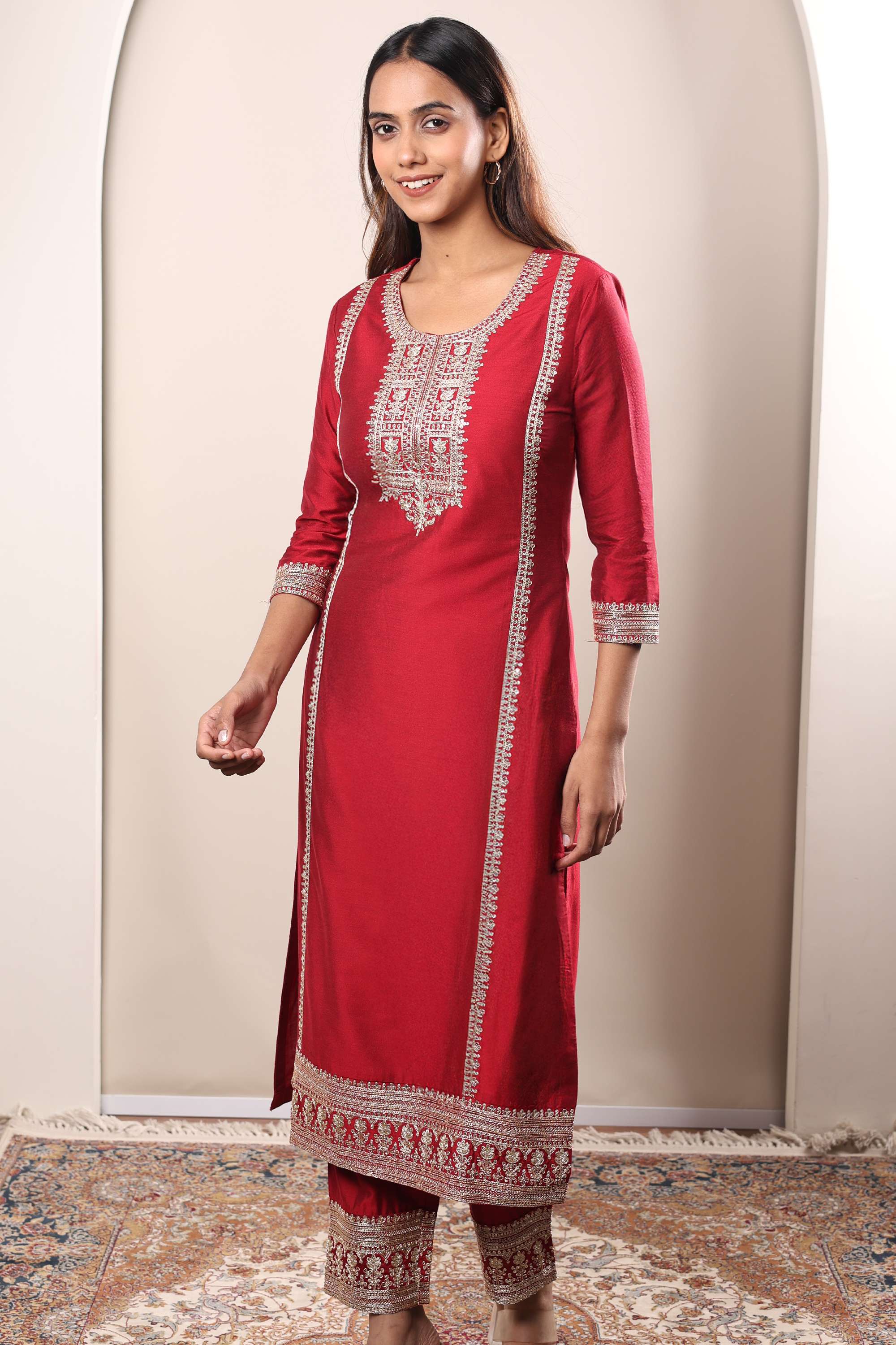 Solid-Viscose-Round-Neck-Women-s-Festive-Wear-Kurta-Set