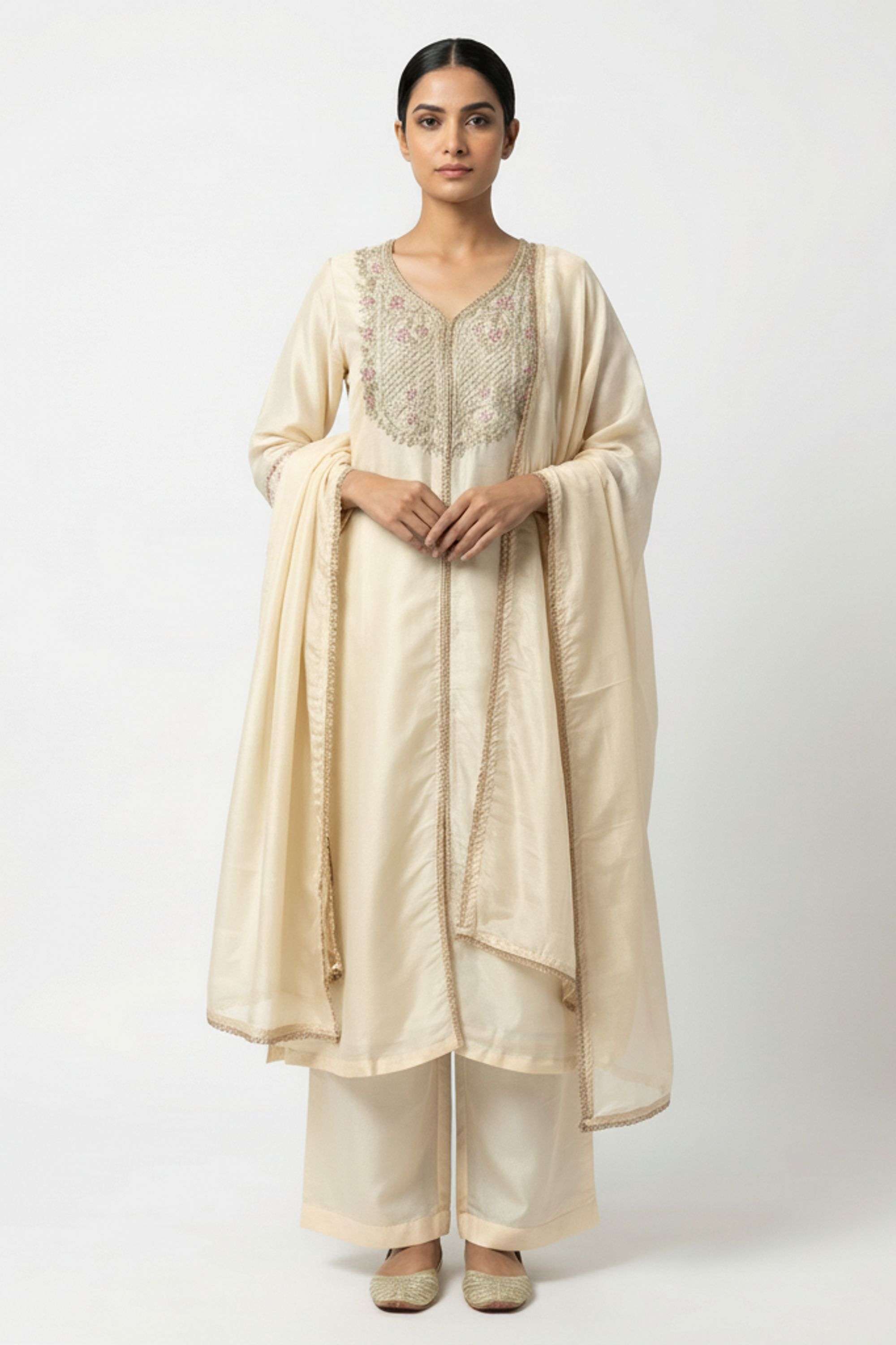 Embroidered-Blended-Fabric-V-Neck-Women-Festive-Wear-Kurta-with-Palazzo-and-Dupatta