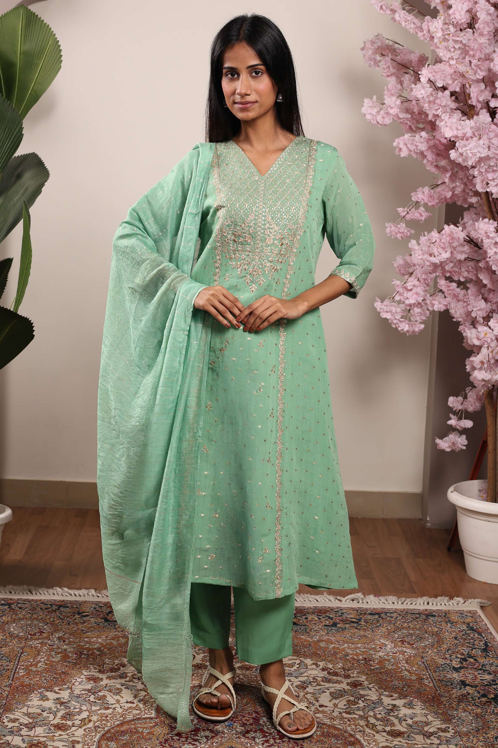 Embroidered-Chanderi-Straight-Fit-Women-s-Kurta-Pant-Dupatta-Set