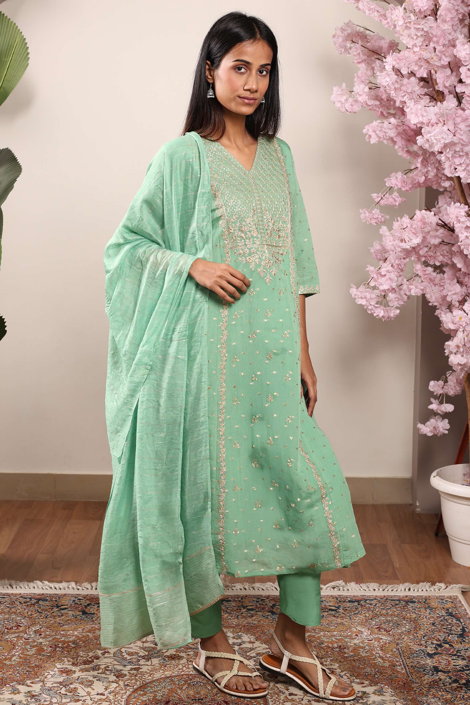 Embroidered-Chanderi-Straight-Fit-Women-s-Kurta-Pant-Dupatta-Set