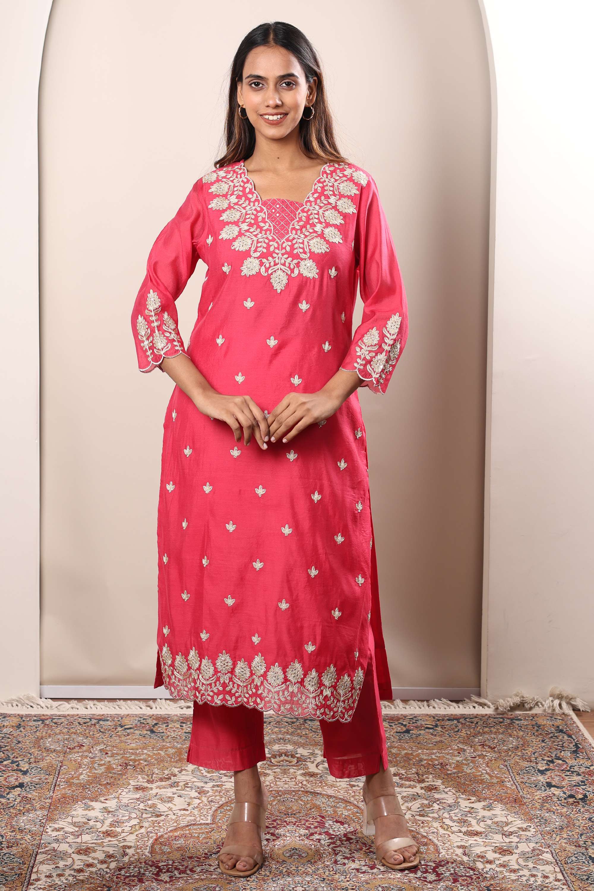 Solid-Chanderi-V-Neck-Women-s-All-Occasion-Kurta-Set