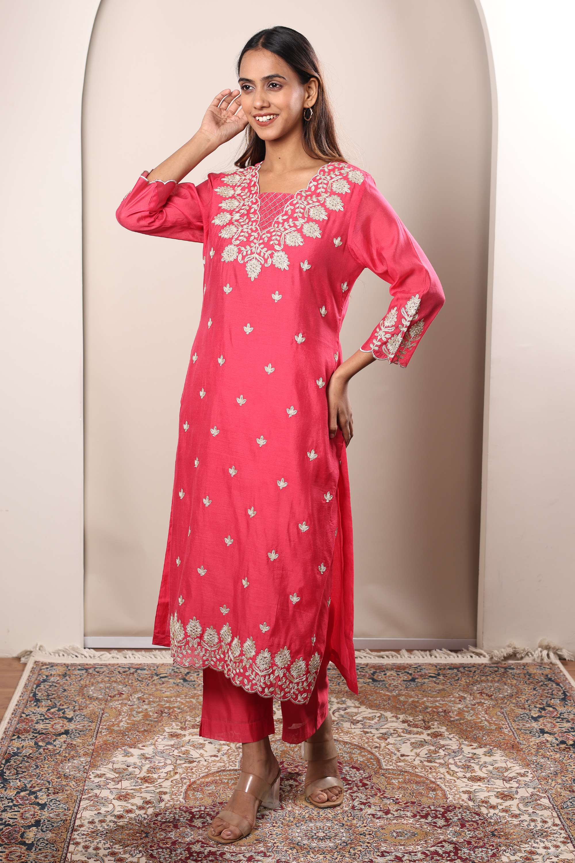 Solid-Chanderi-V-Neck-Women-s-All-Occasion-Kurta-Set