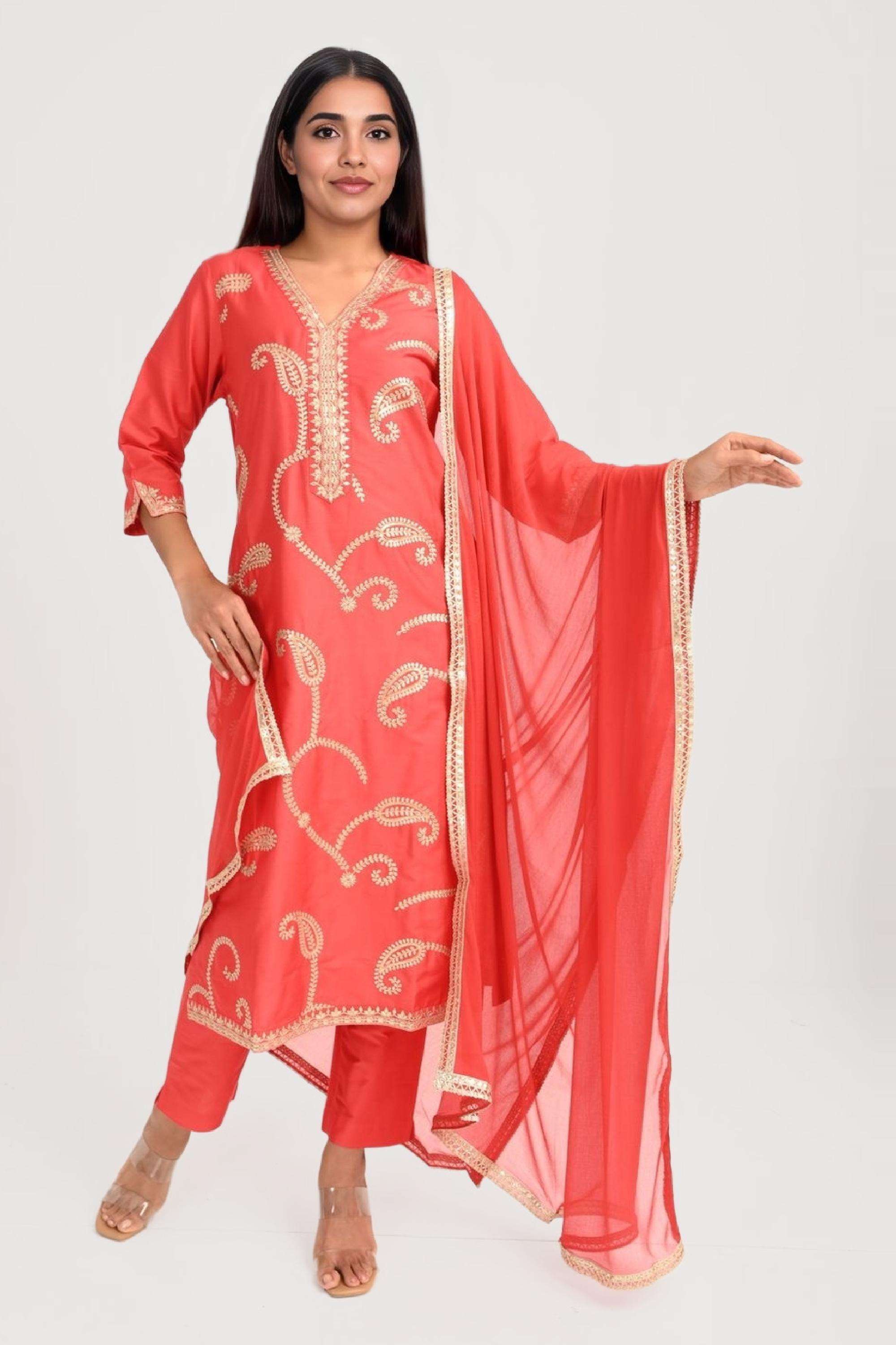 Embroidered-V-Neck-Viscose-Women-Kurta-Set